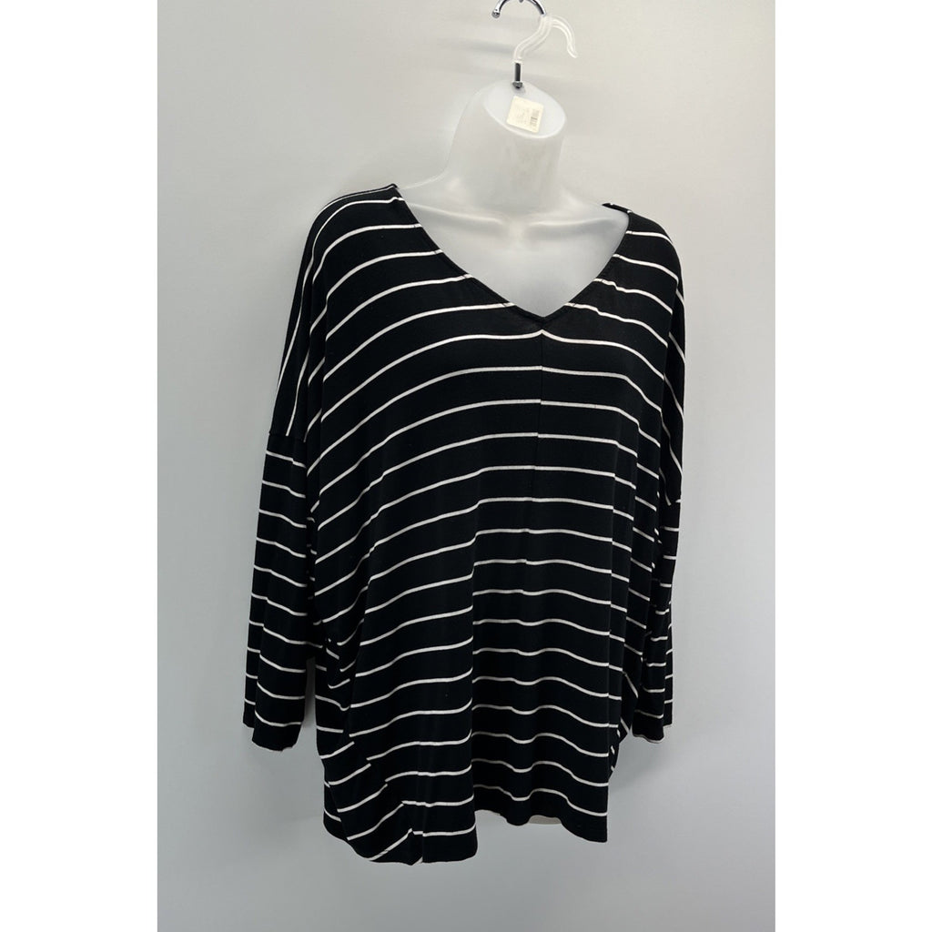 Chicos Black With White Stripe V Neck Relaxed Top Size 3 (XL) 3/4 Sleeves