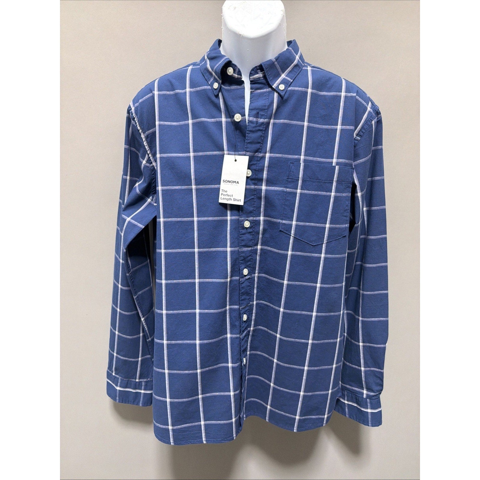 Sonoma Mens The Perfect Length Shirt Large Button Up Plaid Blue Shirt Preppy