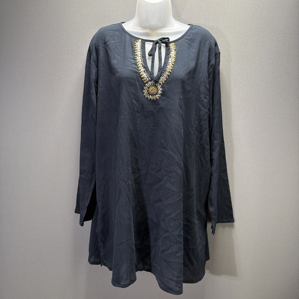Mountain Lake Women's Navy Blue Embellished Embroidered V-Neck Tunic Size XL NWT