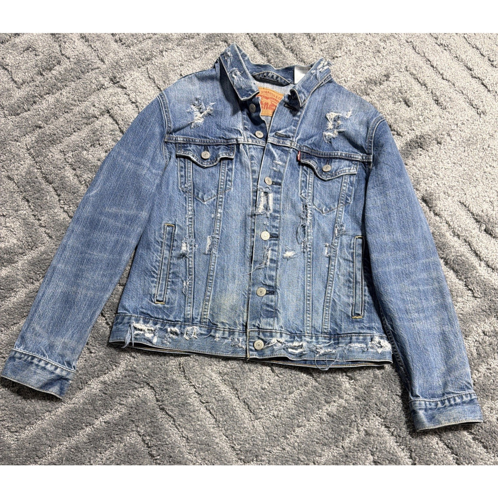 Levis Men's Denim Jacket Blue 100% Cotton Distressed Trucker Double Chest Small
