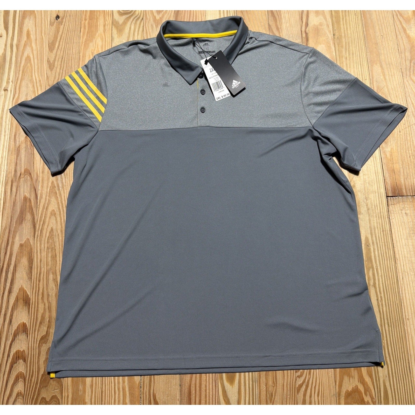 Adidas Heathered 3-Stripes Colorblocked Polo Golf Shirt Grey/ EQT Yellow 2XL New