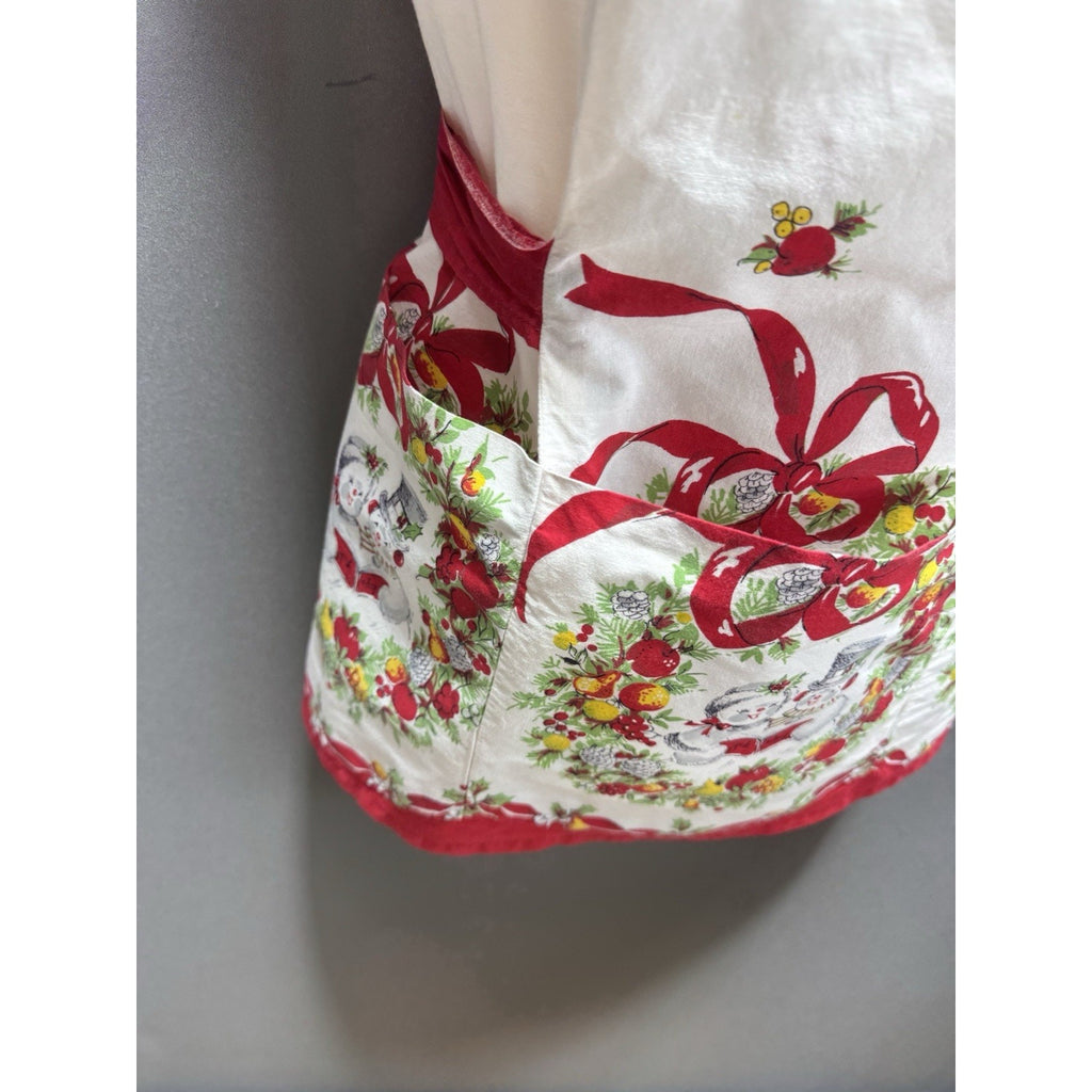 Vintage Christmas Cobbler Apron Snowman Wreath Red Bow Pockets Holiday Smock