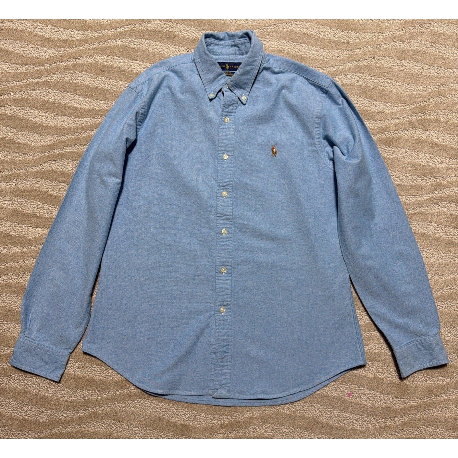 Ralph Lauren Slim Fit Stretch Oxford Shirt Men L Blue Long Sleeve Flesh Pony