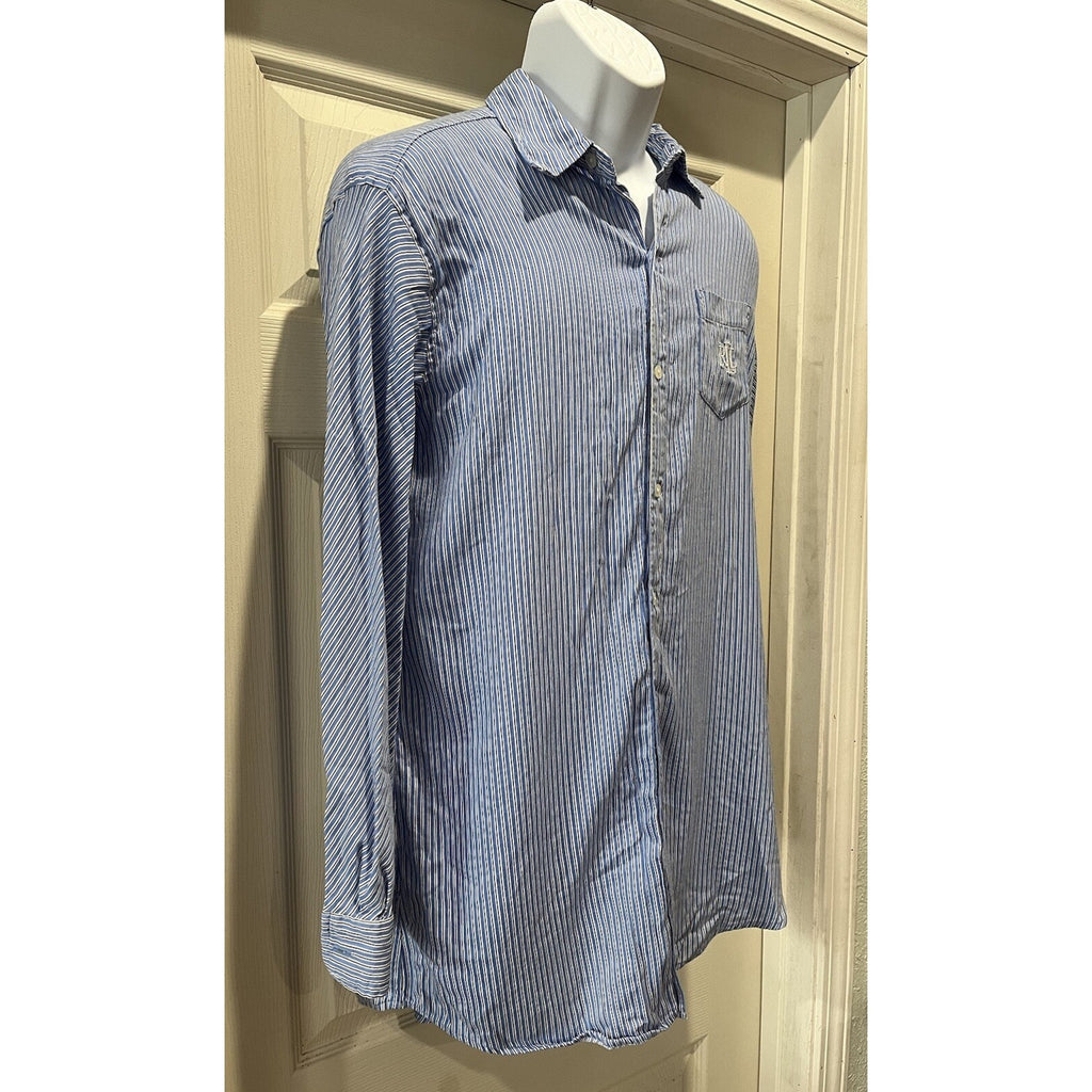 Ralph Lauren Blue Striped Men's M RLL Logo Long Sleeve Button Sleep Shirt
