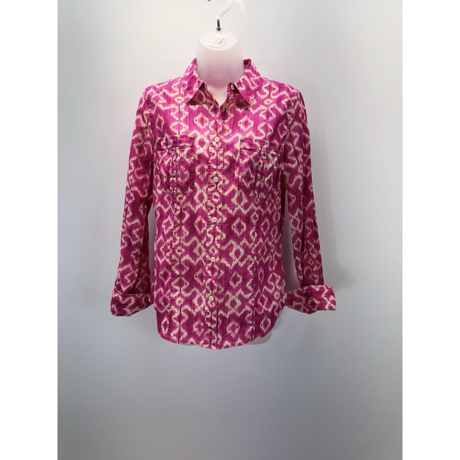 Michael Kors Women’s Top Pink Printed Long Sleeve Button Down Shirt Sz Medium