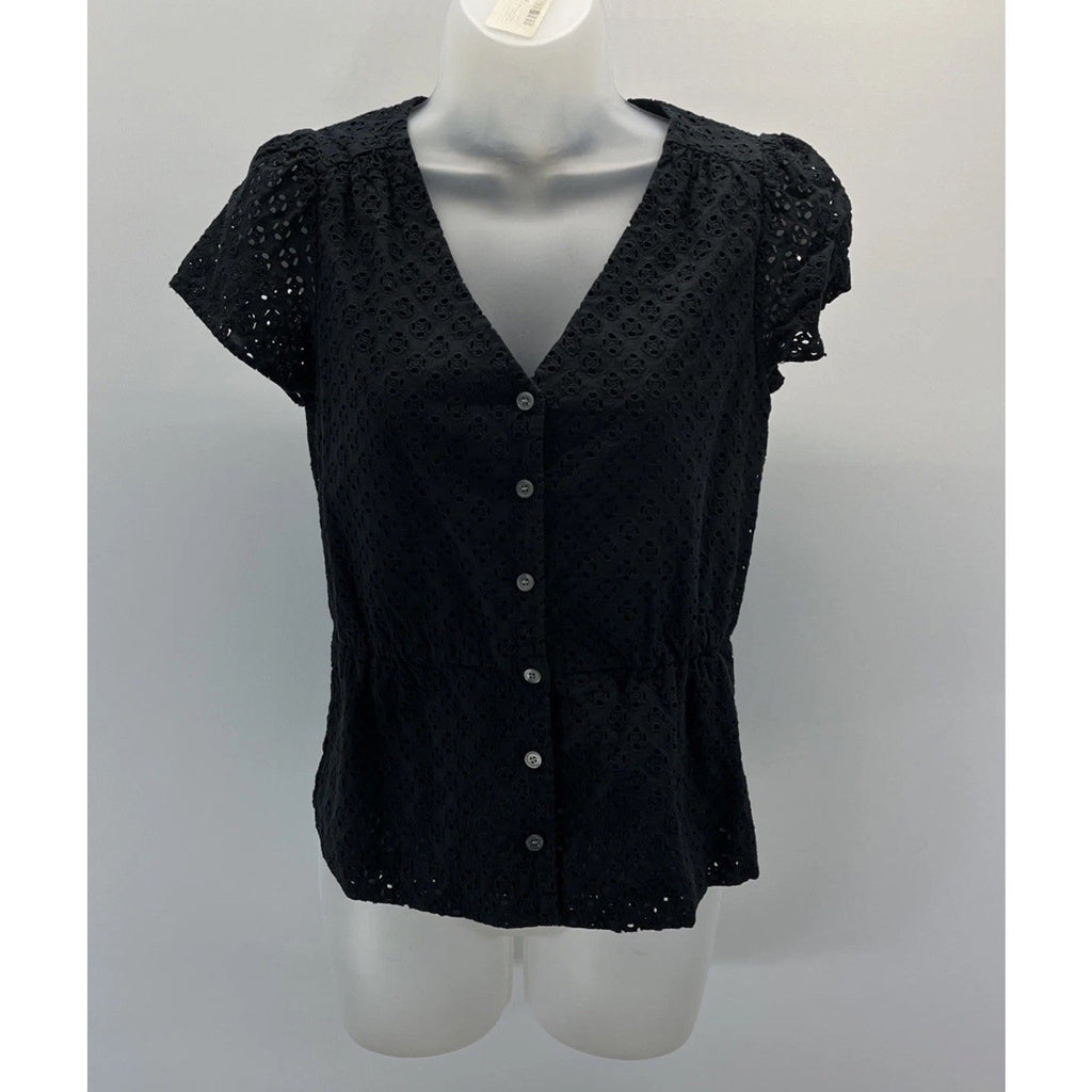 J. Crew Woman's Black Eyelet Button Front Short Sleeve Peplum Top Size 2