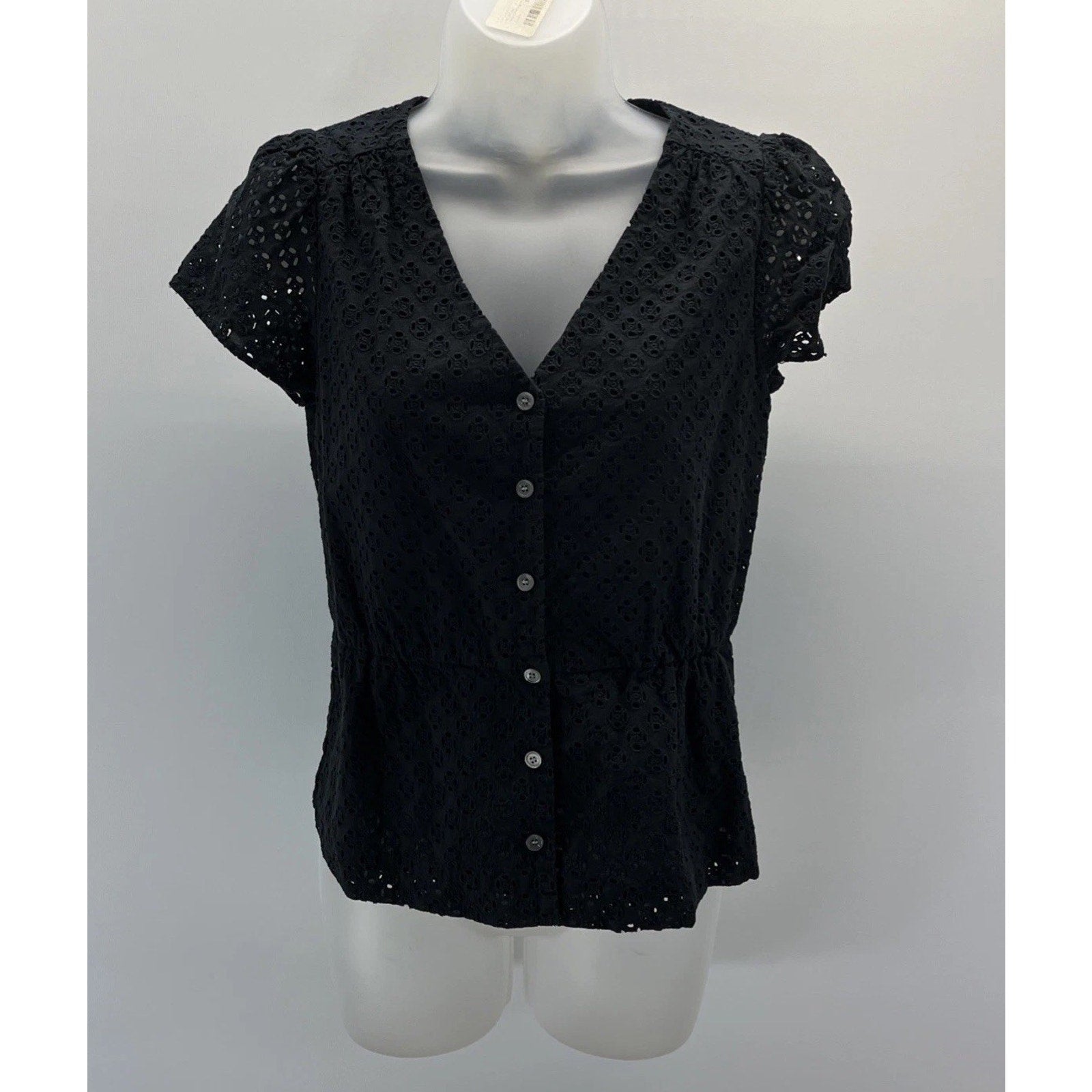 J. Crew Woman's Black Eyelet Button Front Short Sleeve Peplum Top Size 2