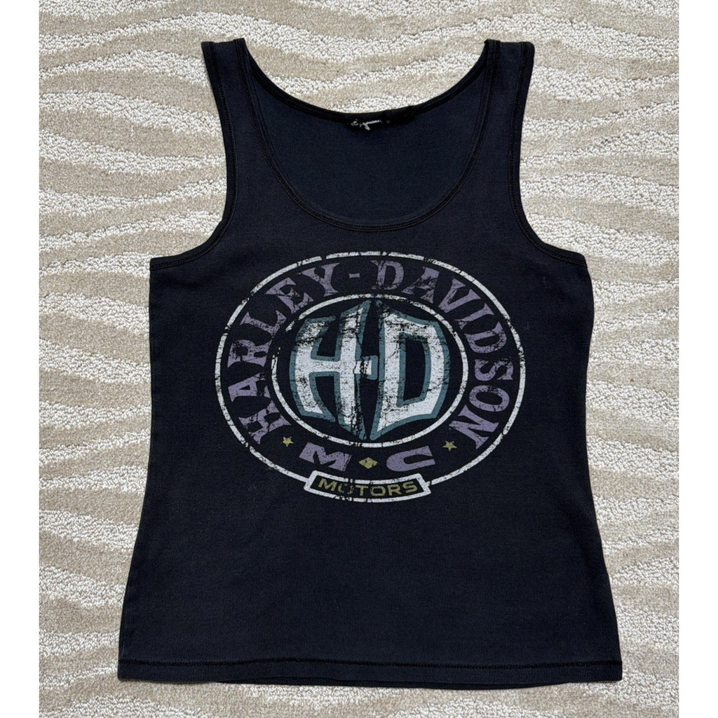 Harley Davidson Womens Black Ribbed Tank Top Distressed Faded Size Medium