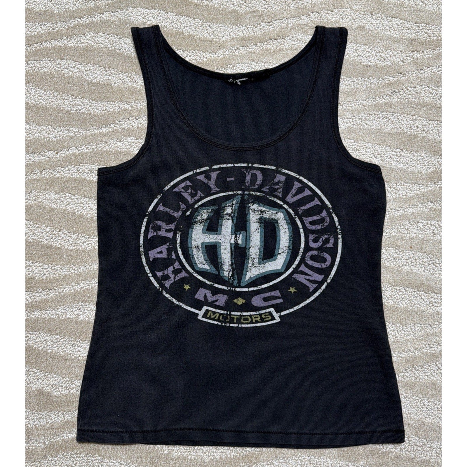 Harley Davidson Womens Black Ribbed Tank Top Distressed Faded Size Medium