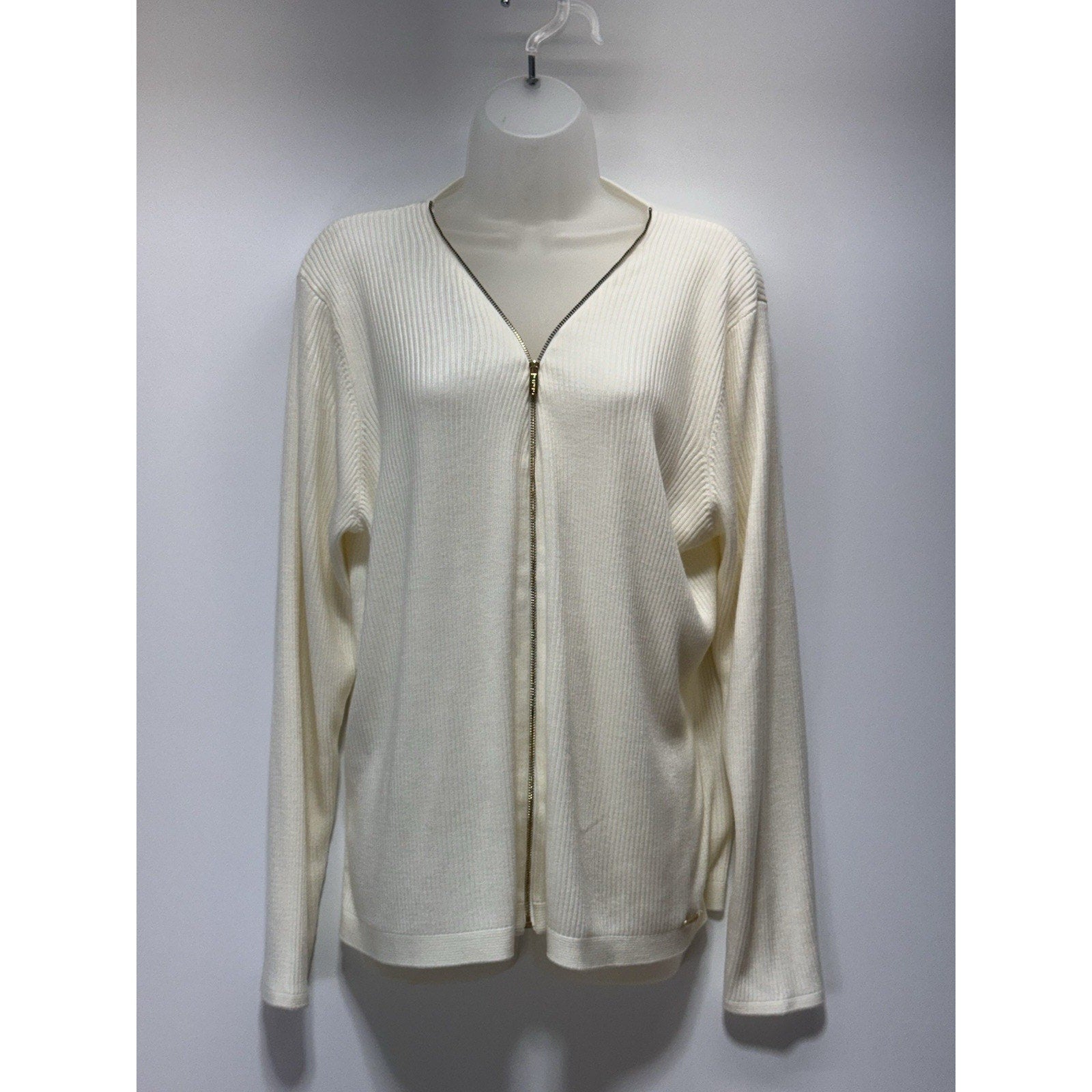 Calvin Klein Sweater Ivory Ribbed Knit V-Neck Full Zip Women’s Size XL