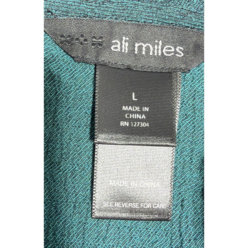 Ali Miles Roll Up 3/4Sleeve Cowl Neck Asymmetric Textured S Teal Green Tunic Top