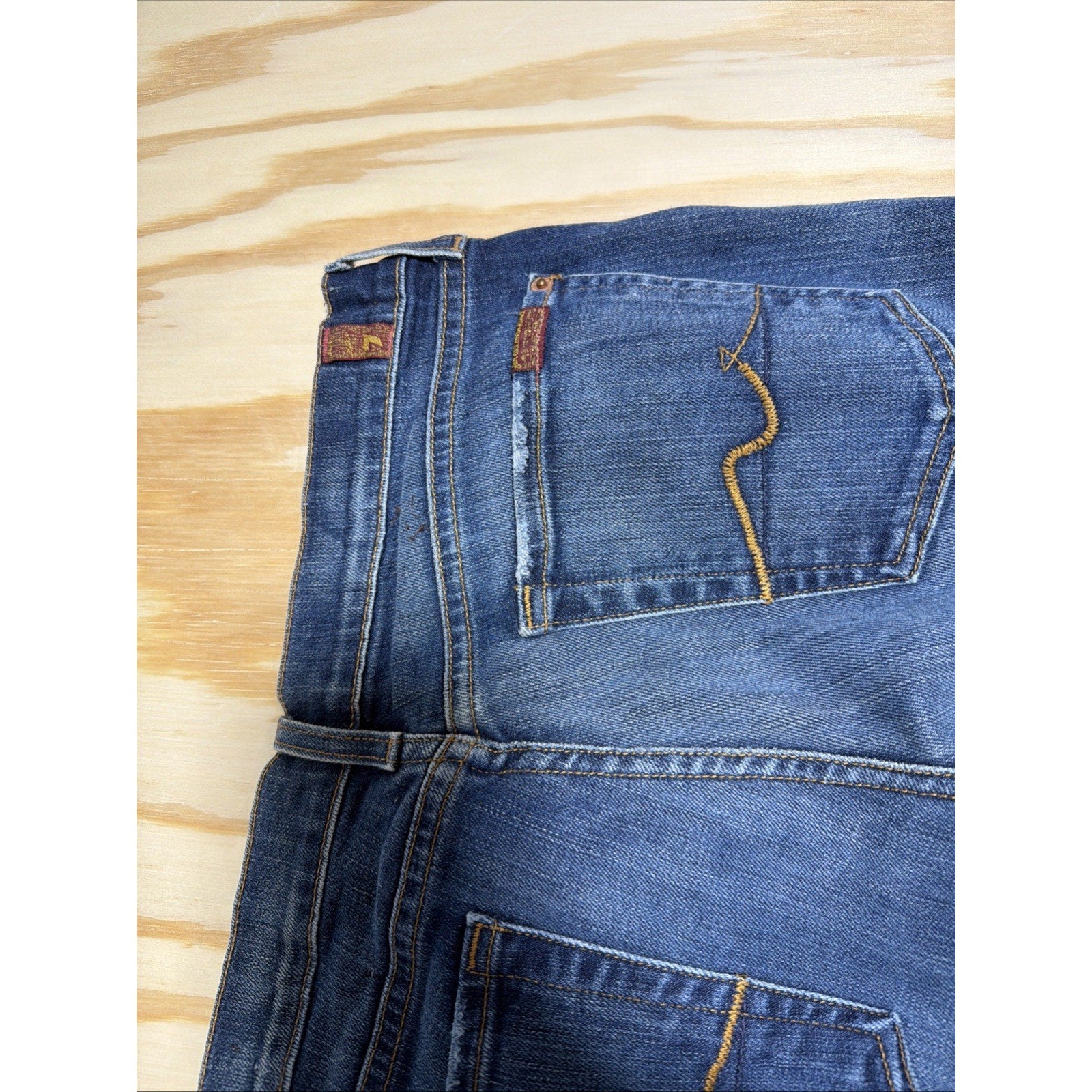 7 For All Mankind Flare Denim Jeans Blue Embroidered Pocket 32x29 Hemmed