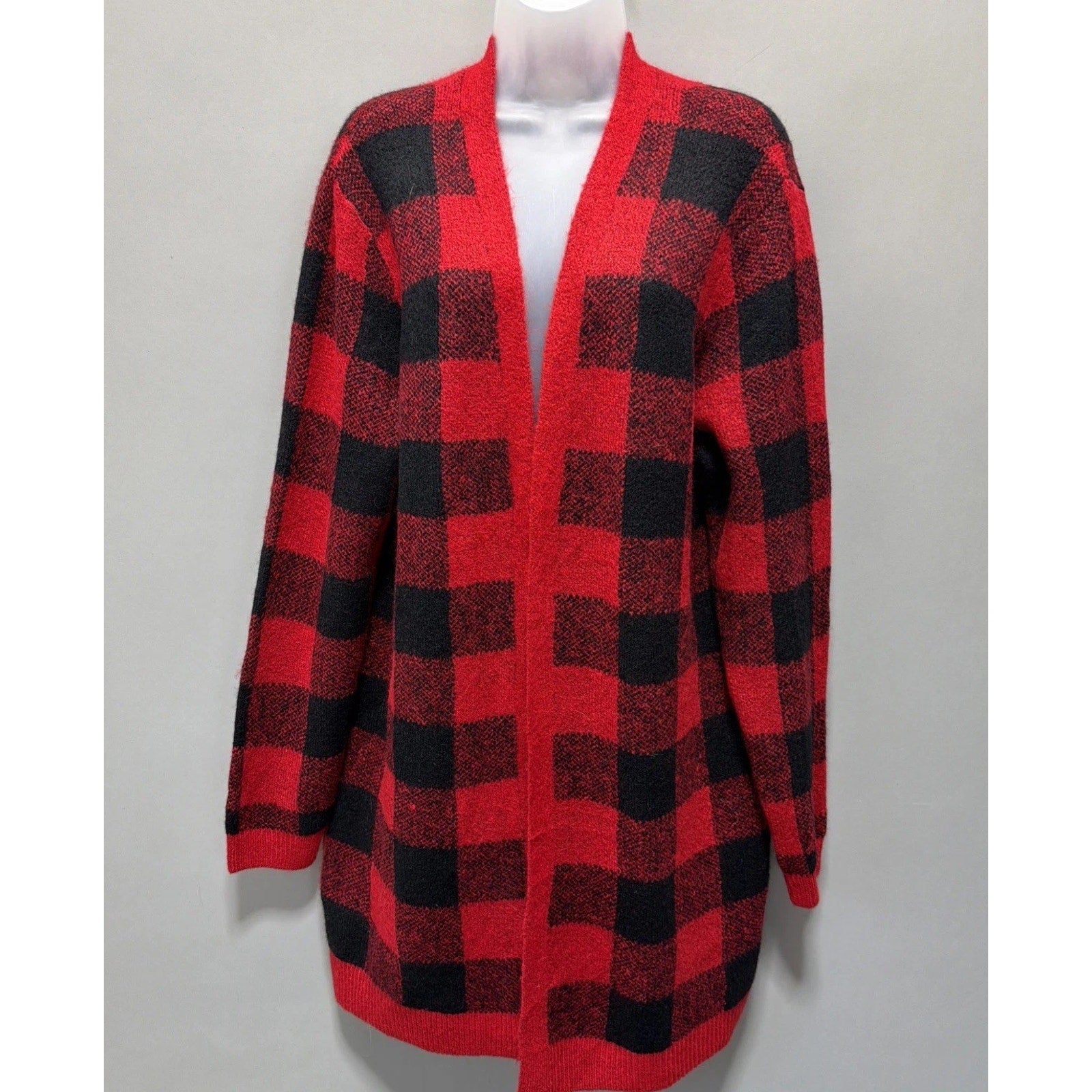 Old Navy Open Long Cardigan Sweater Dolman Sleeve Red Black Plaid Womens XL NWT