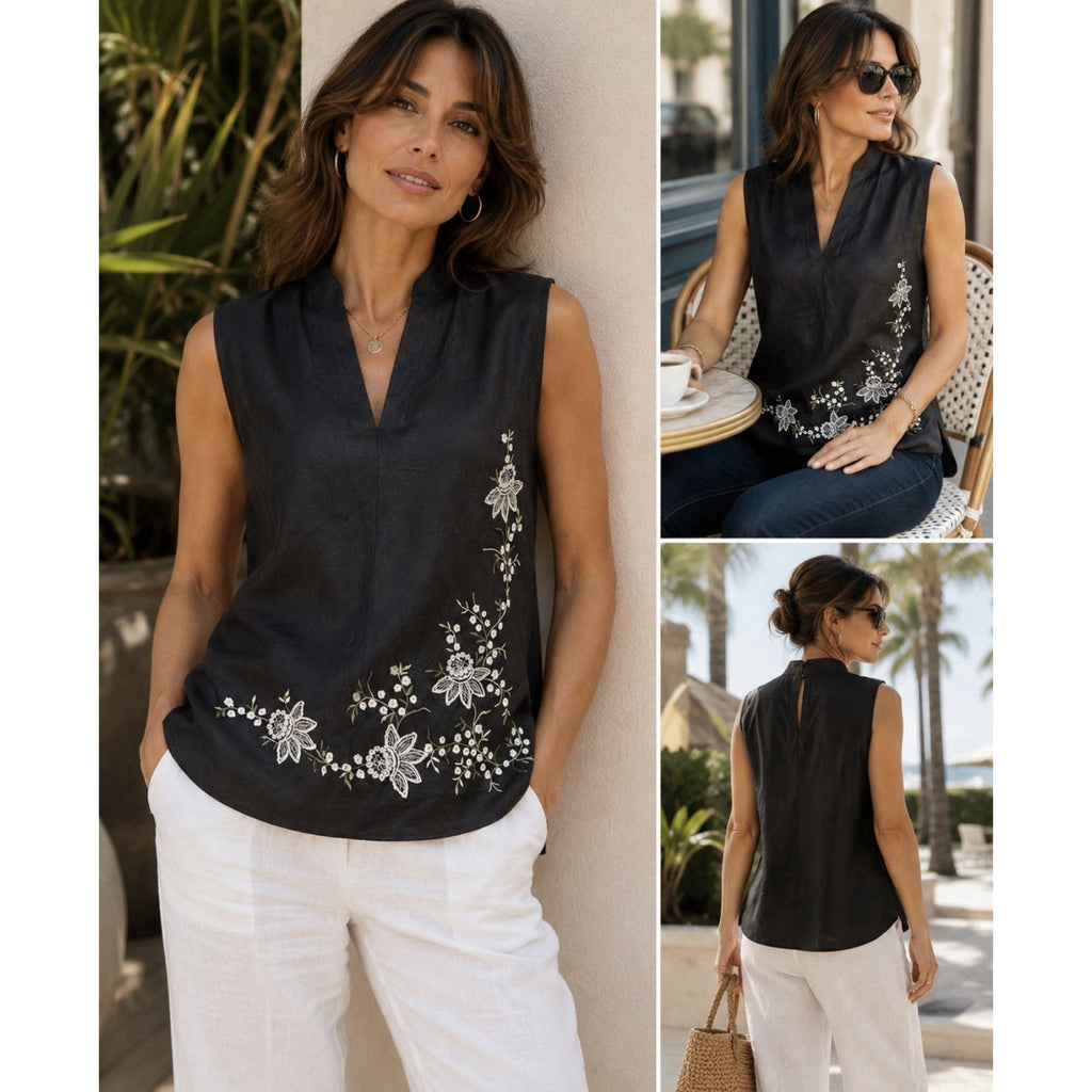 JENNIFER EDEN Women's Ramie Rayon Tank Top Embroidered Lined Floral Black Sz 10