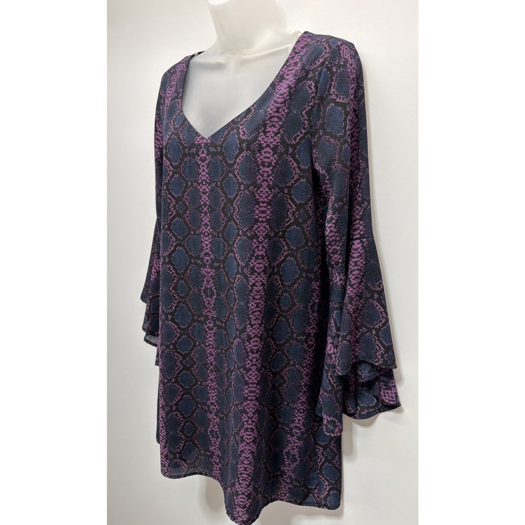 Peach love Purple Snakeskin Print dress Long Sleeves V-neck lined Dress Size S