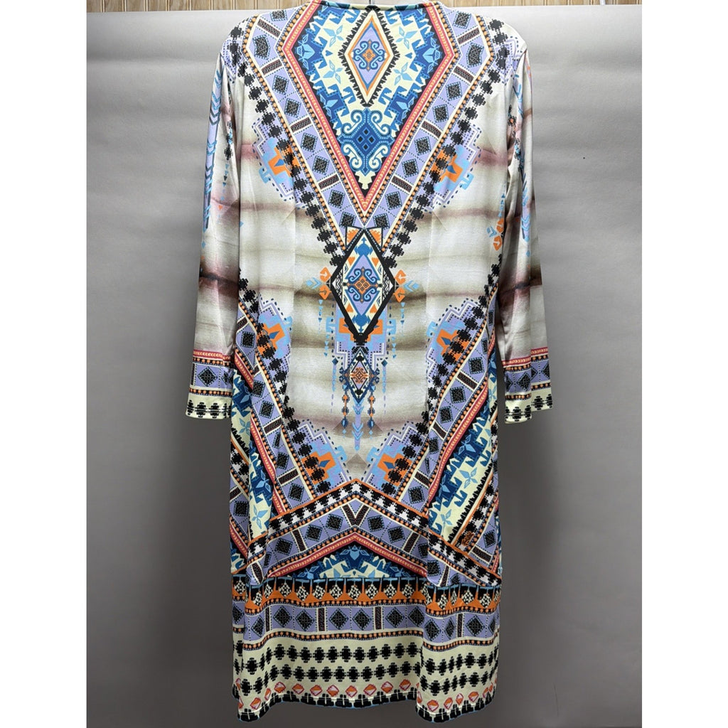 Hale Bob V-Neck Long Sleeve Dress Stretch Knee Length Beaded Multicolor Large