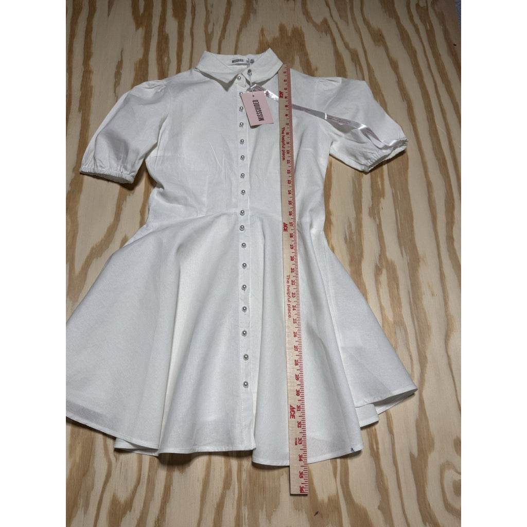 Missguided Women's Sz 4 L. Sleeve Skater Skirt White Pearl Button Up Mini Dress