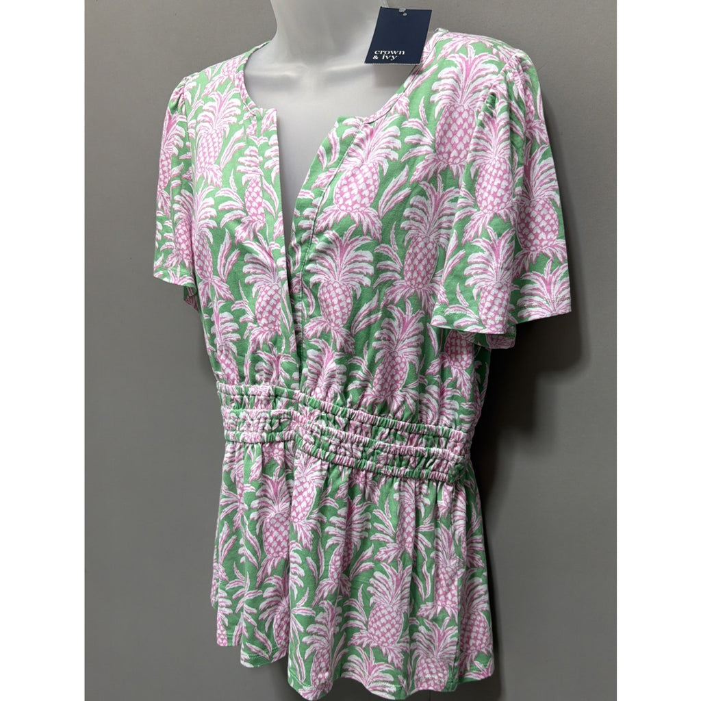 Crown & Ivy Pineapple Print Smock V-Neck Short Sleeve Top Womens L NWT