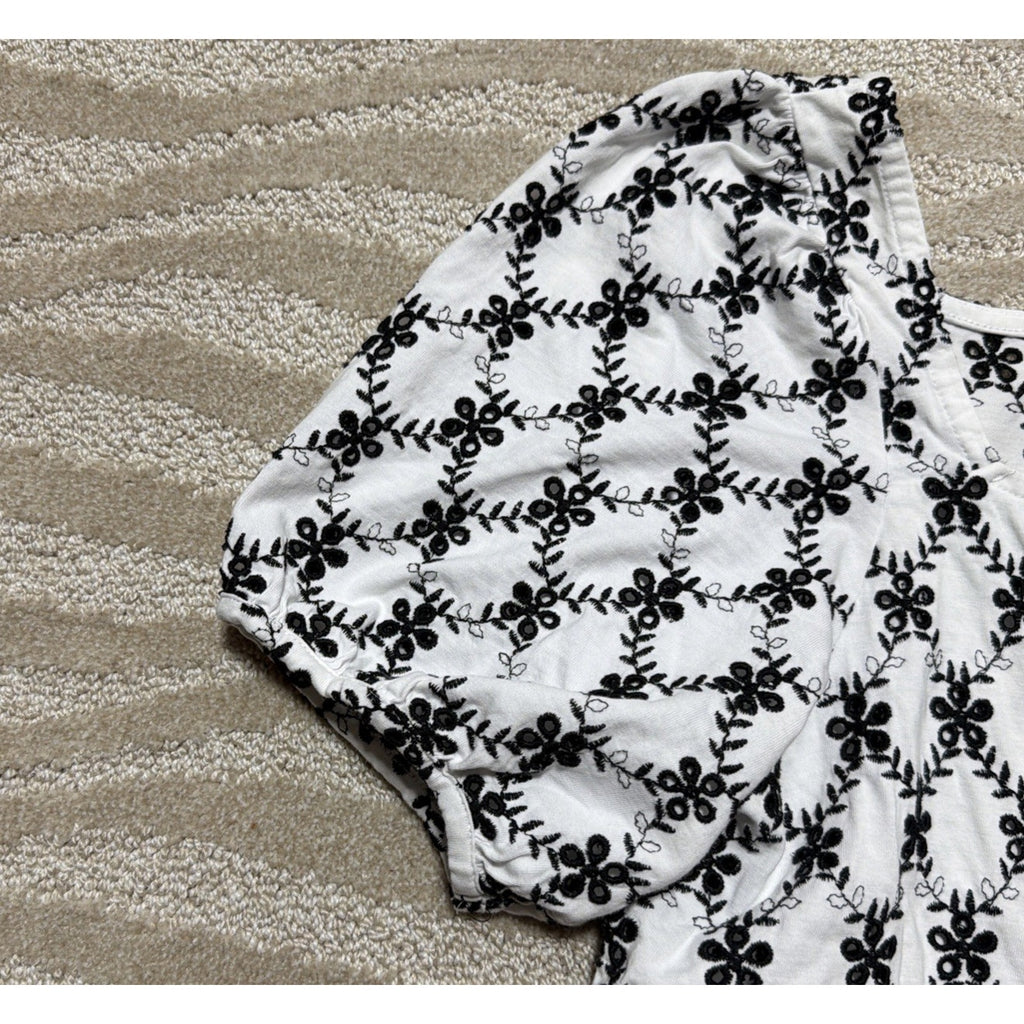 LOFT White/Black Floral Embroidered Square Neck Top Cotton Size Large