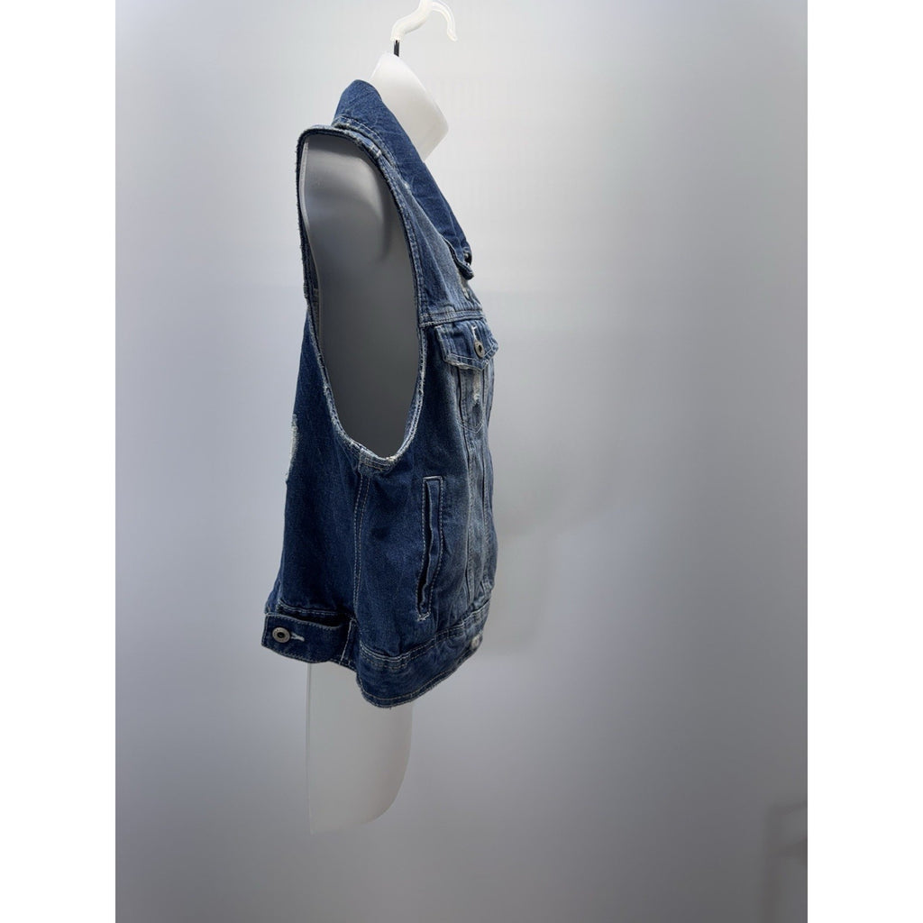 Amethyst Women’s Plus 1X Blue Denim Vest Distressed Button Front