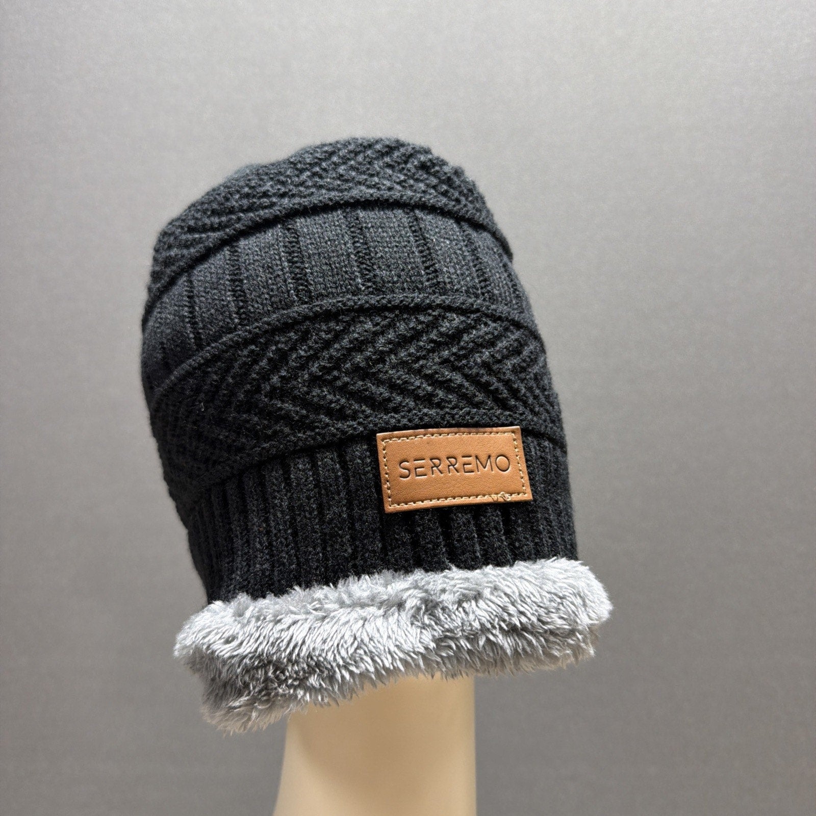 Black Serremo Beanie Hat Sherpa Lined