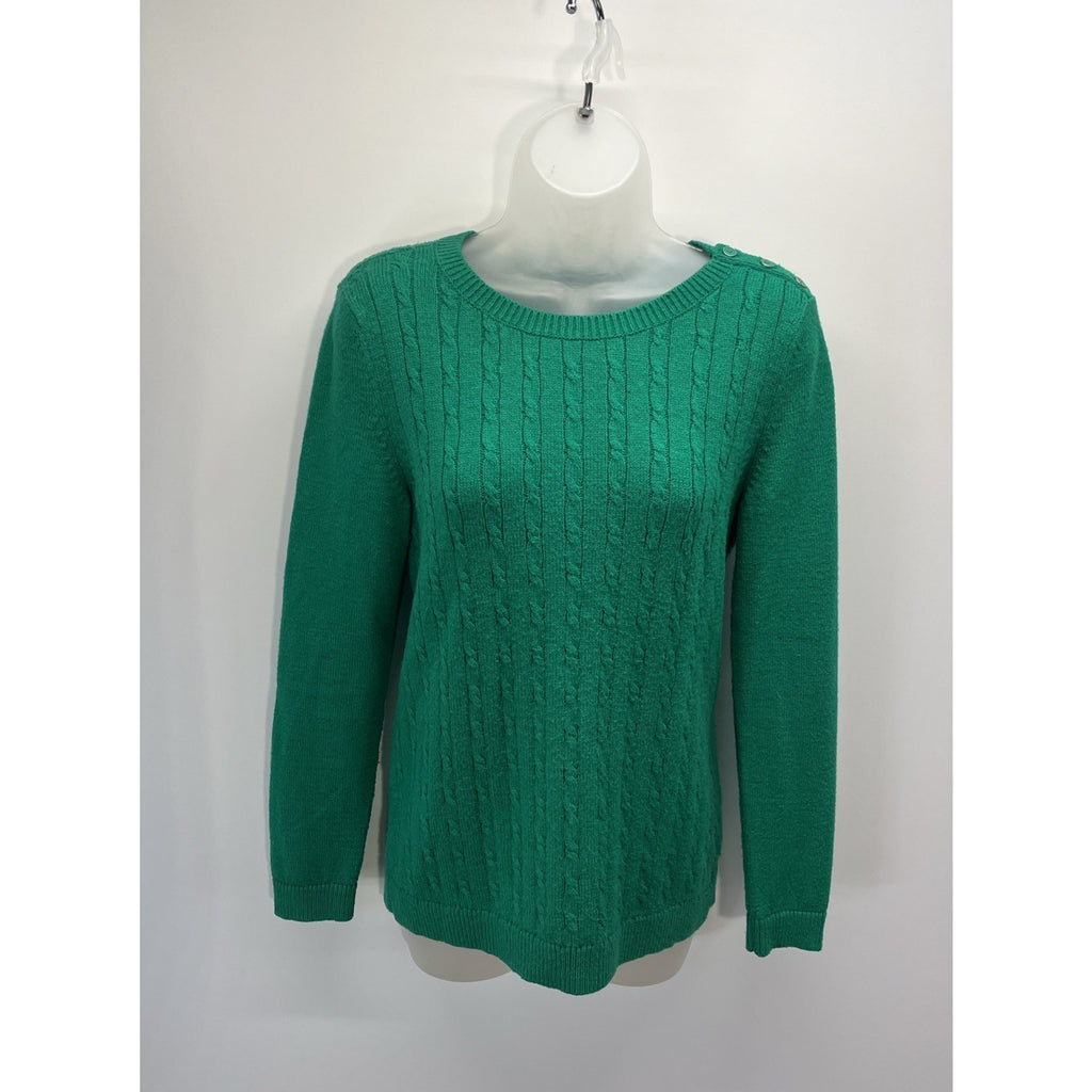 Talbots Petites Sz MP Green Long Sleeve Pullover Round Neck Cable Knit Sweater