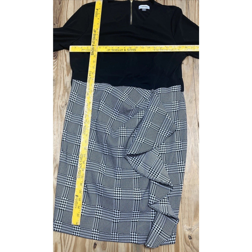 Calvin Klein Size 16 Sheath Dress Black Gray Ruffled Skirt 3/4 Sleeve Women’s