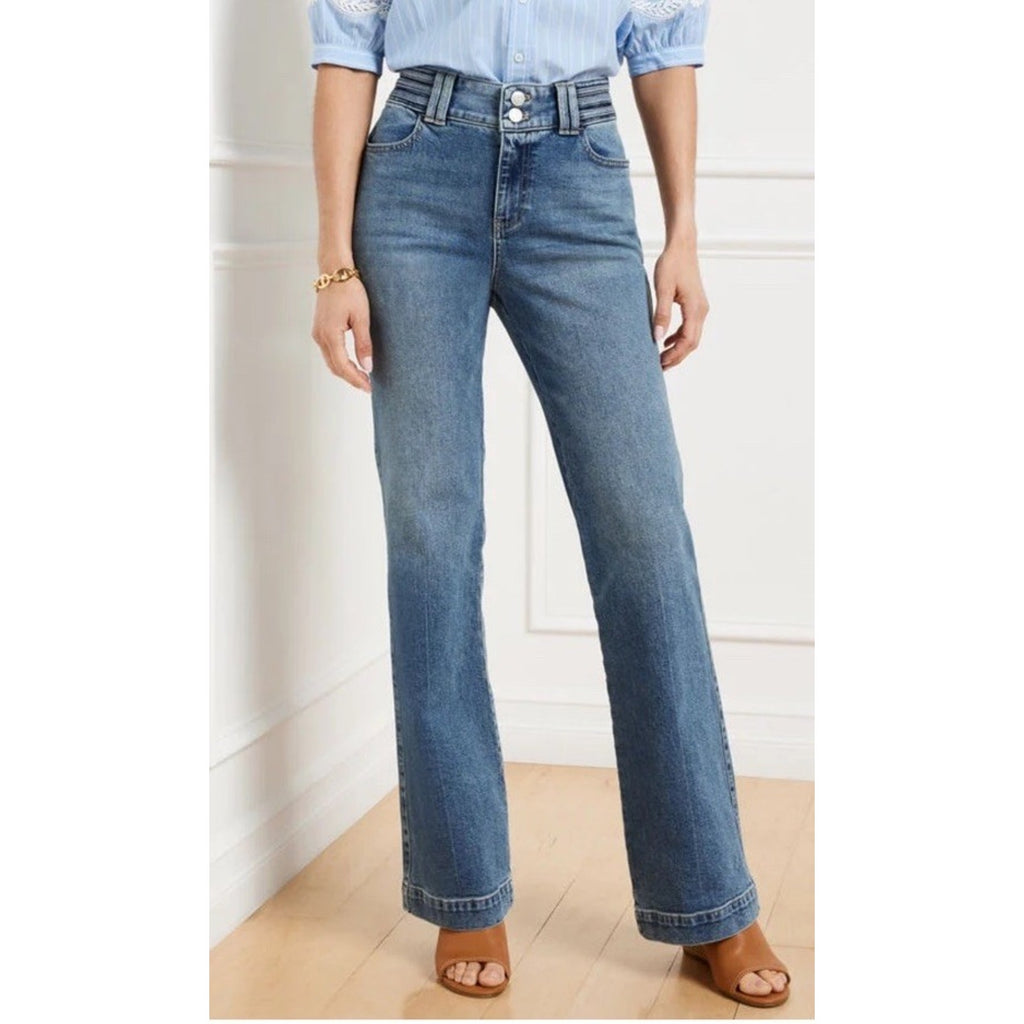 Talbots Womens 8P Blue Cotton Denim High Waist Flare Band Waist Jeans Stretch