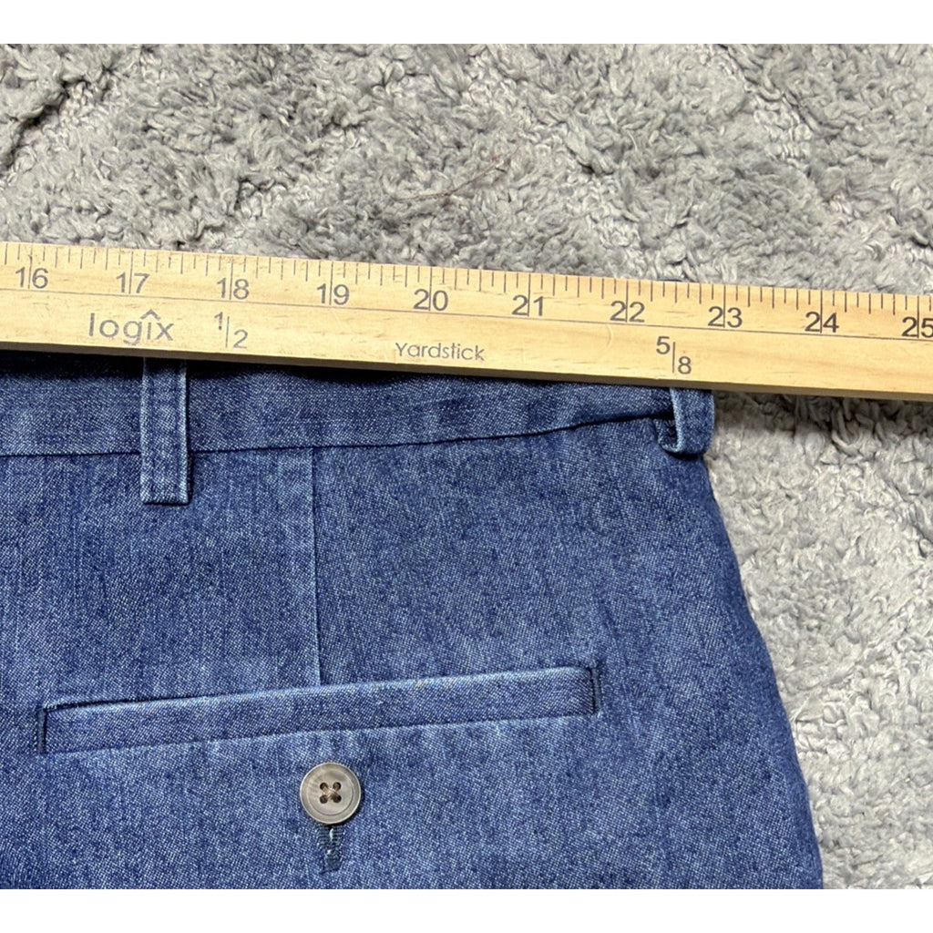 Haggar Premium Denim Trouser Dress Pants Blue Classic Fit Pleated 46x30 Stretch