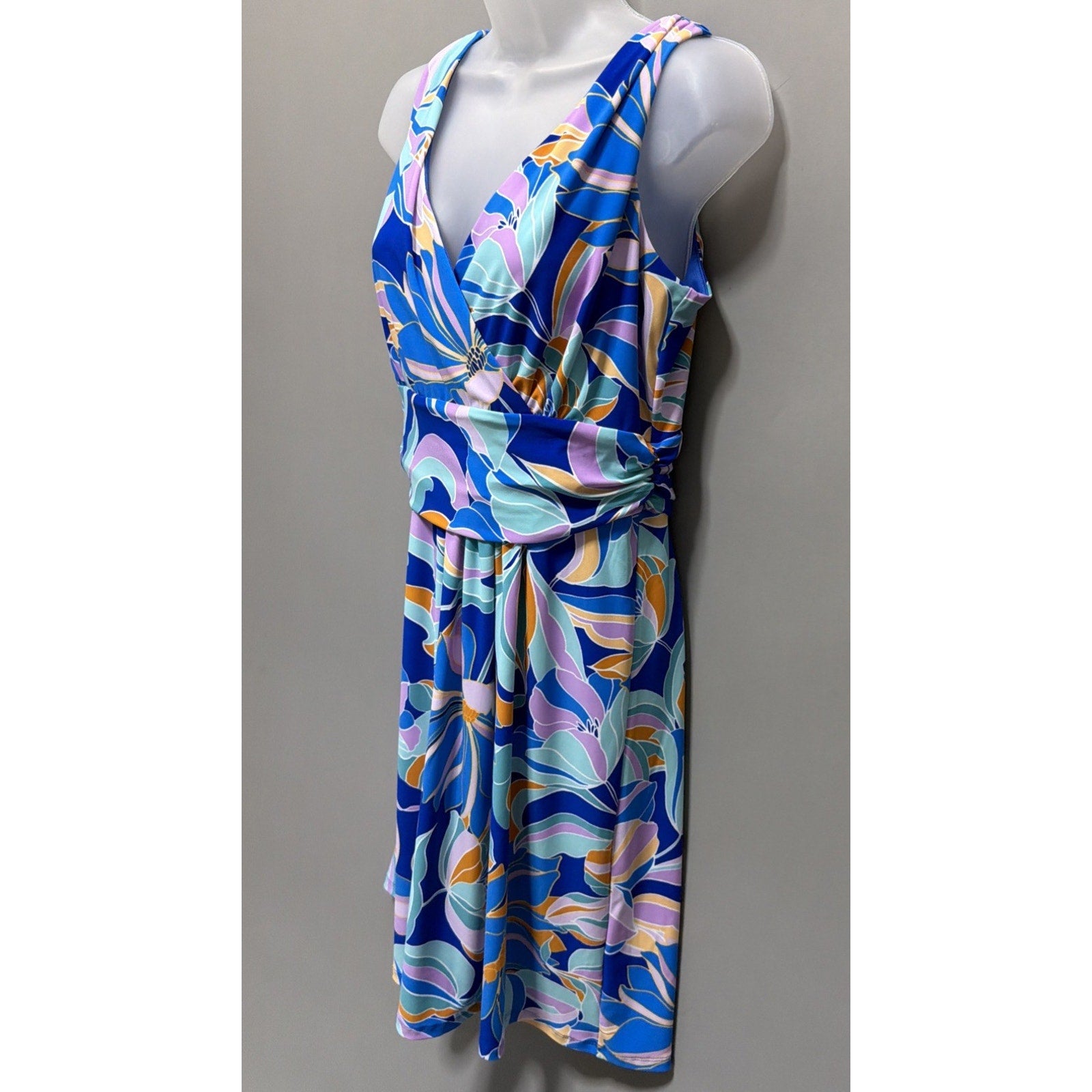 NWT Cappagallo Blue Lilac Floral Sleeveless Faux Wrap Dress Women’s Small Resort