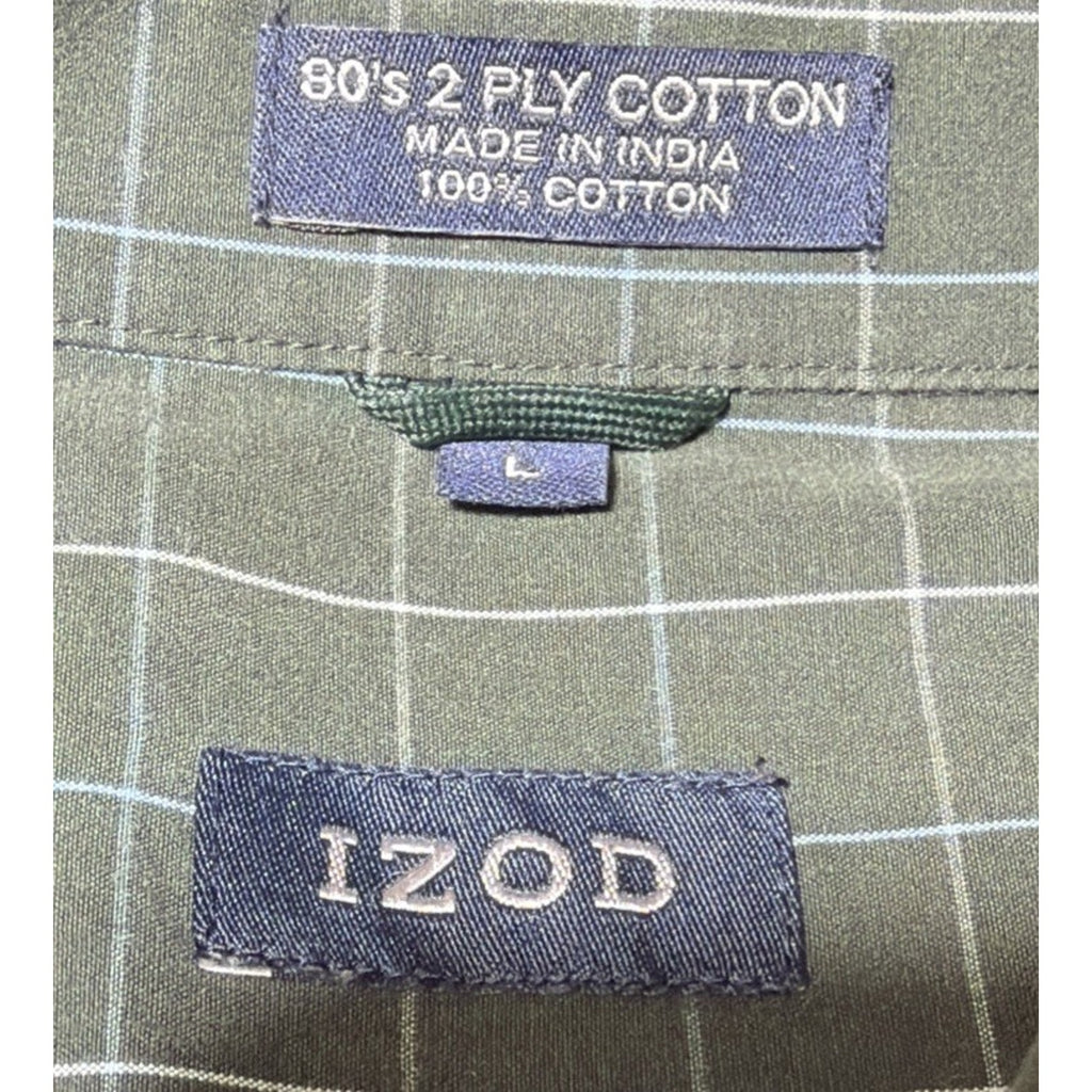 IZOD 80s 2-Ply Green Plaid Cool Cotton Long Sleeve Button Down Shirt Mens L