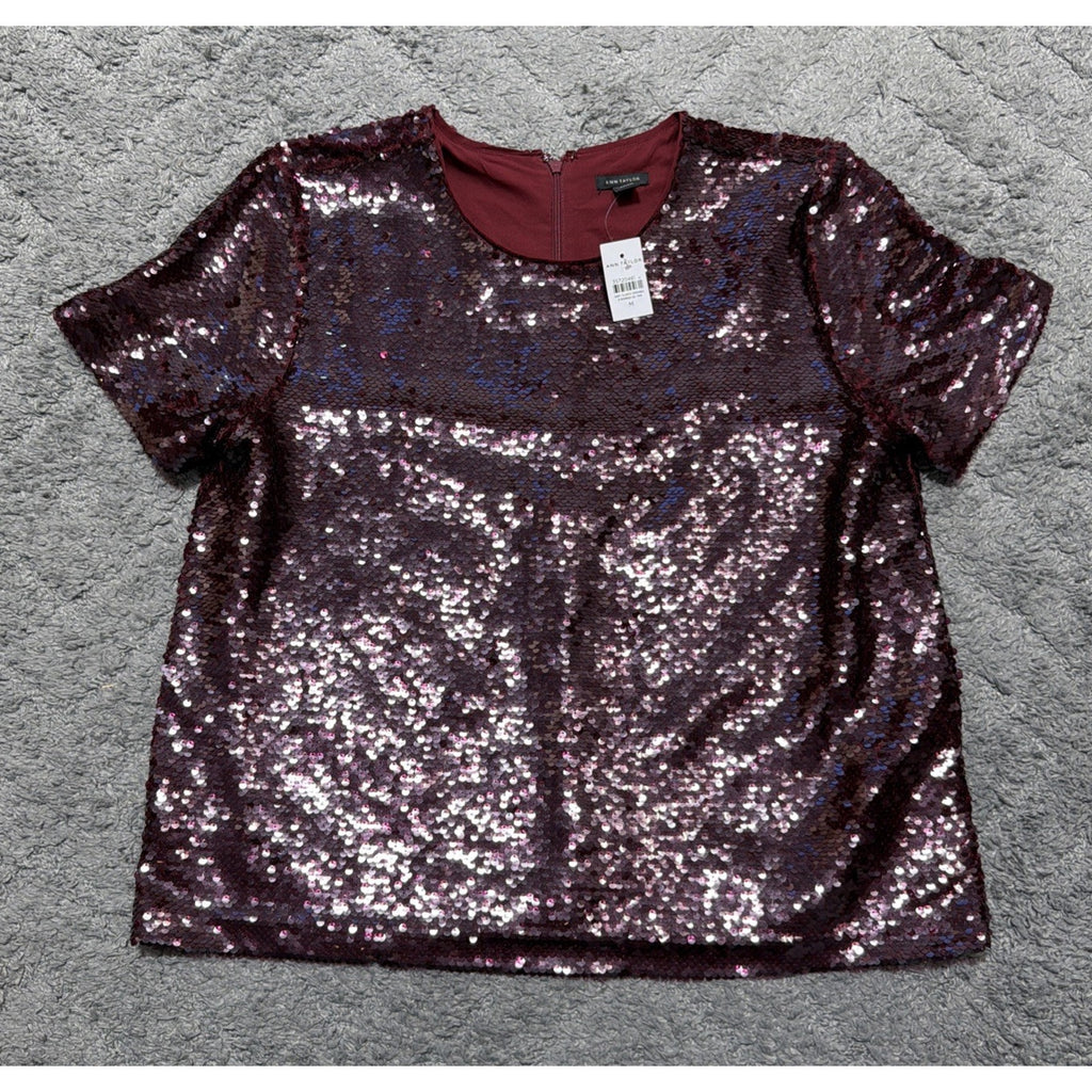 NWT Ann Taylor size Medium burgundy Lined sequined short sleeve top $129