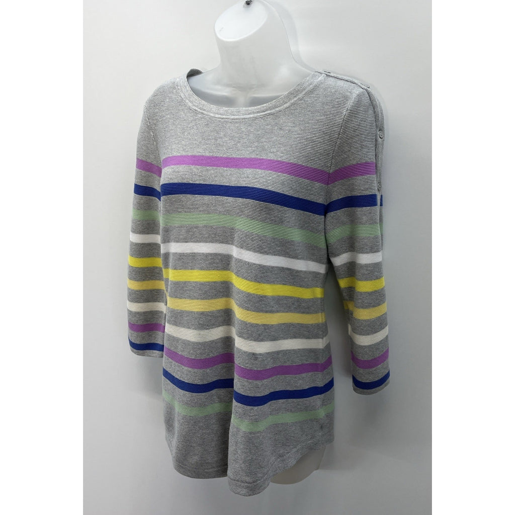 Talbots Petite Women's Gray W/Multicolor Stripes 3/4 Sleeve Buttons Sweater M