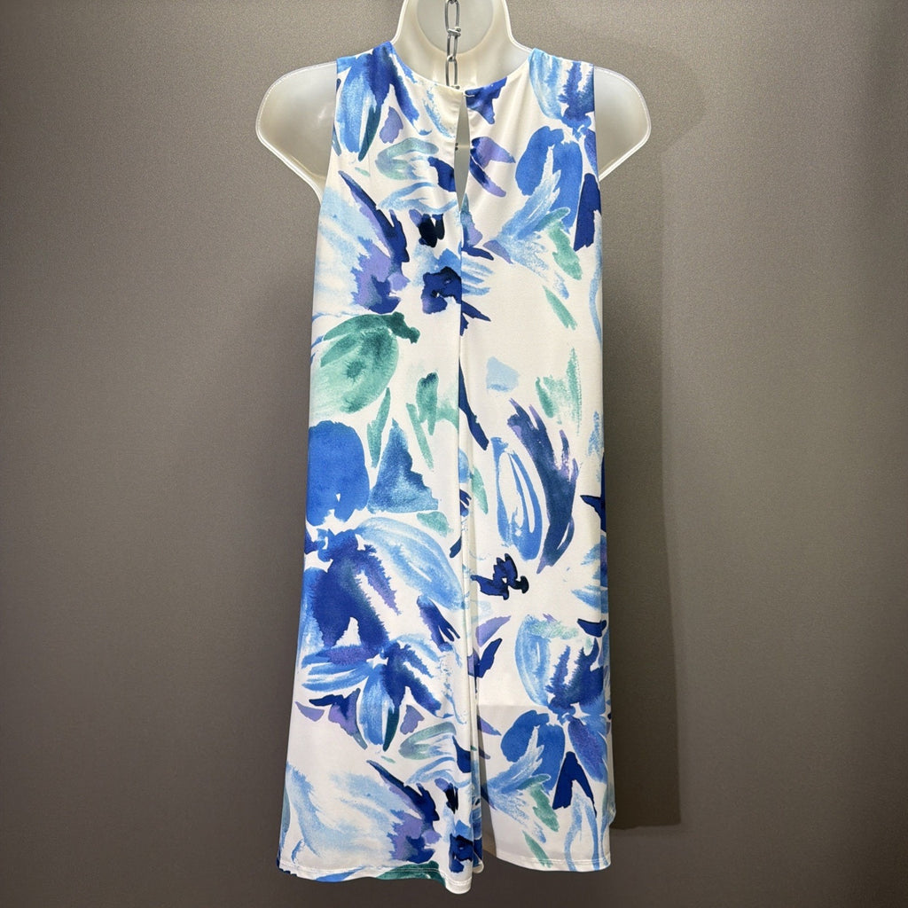 Ann Klein Watercolor Print Dress Sz 8 Blue White Turquoise Sleeveless Sheath