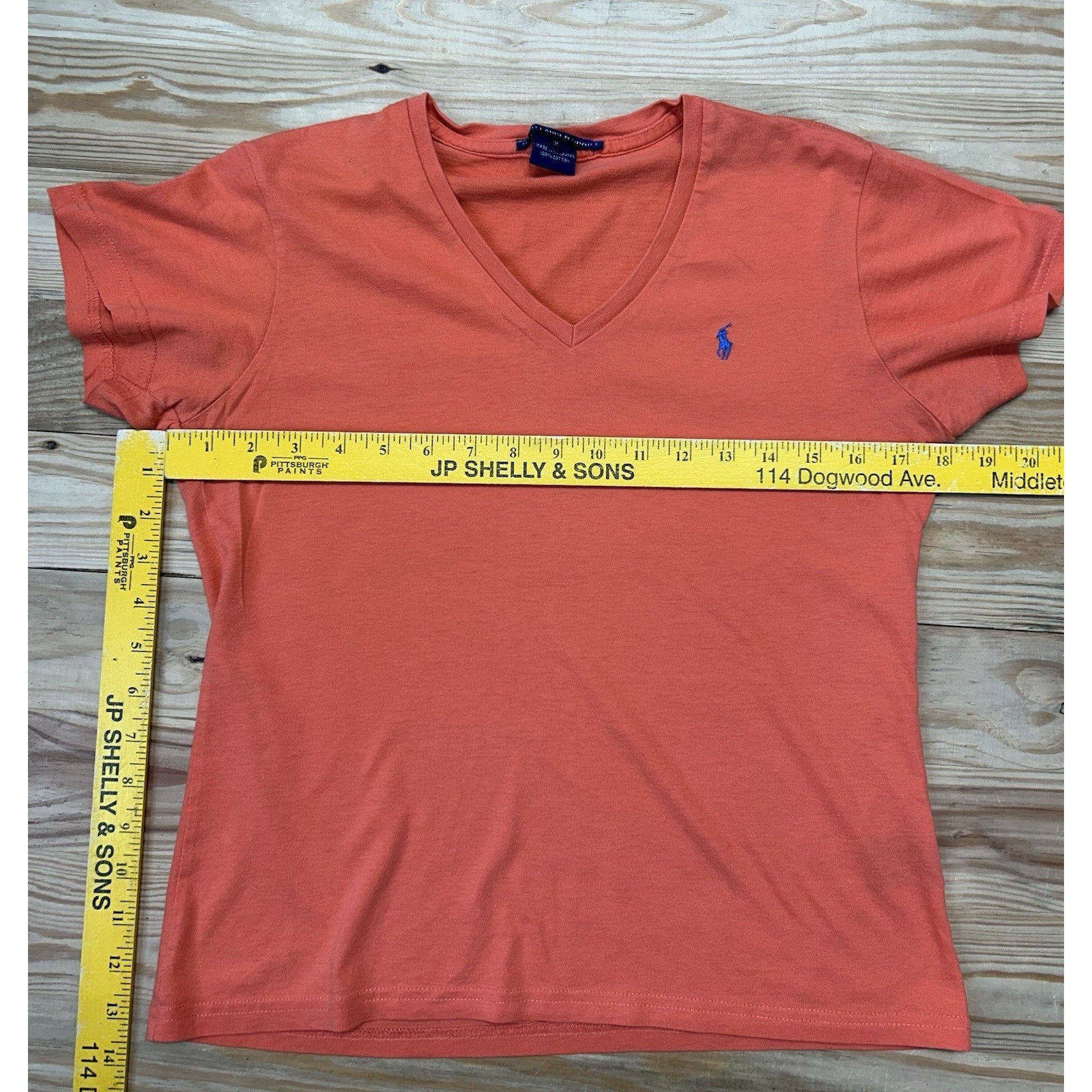 Ralph Lauren Sport Orange Blue Pony V-Neck T Shirt Short Sleeve Women’s Size M