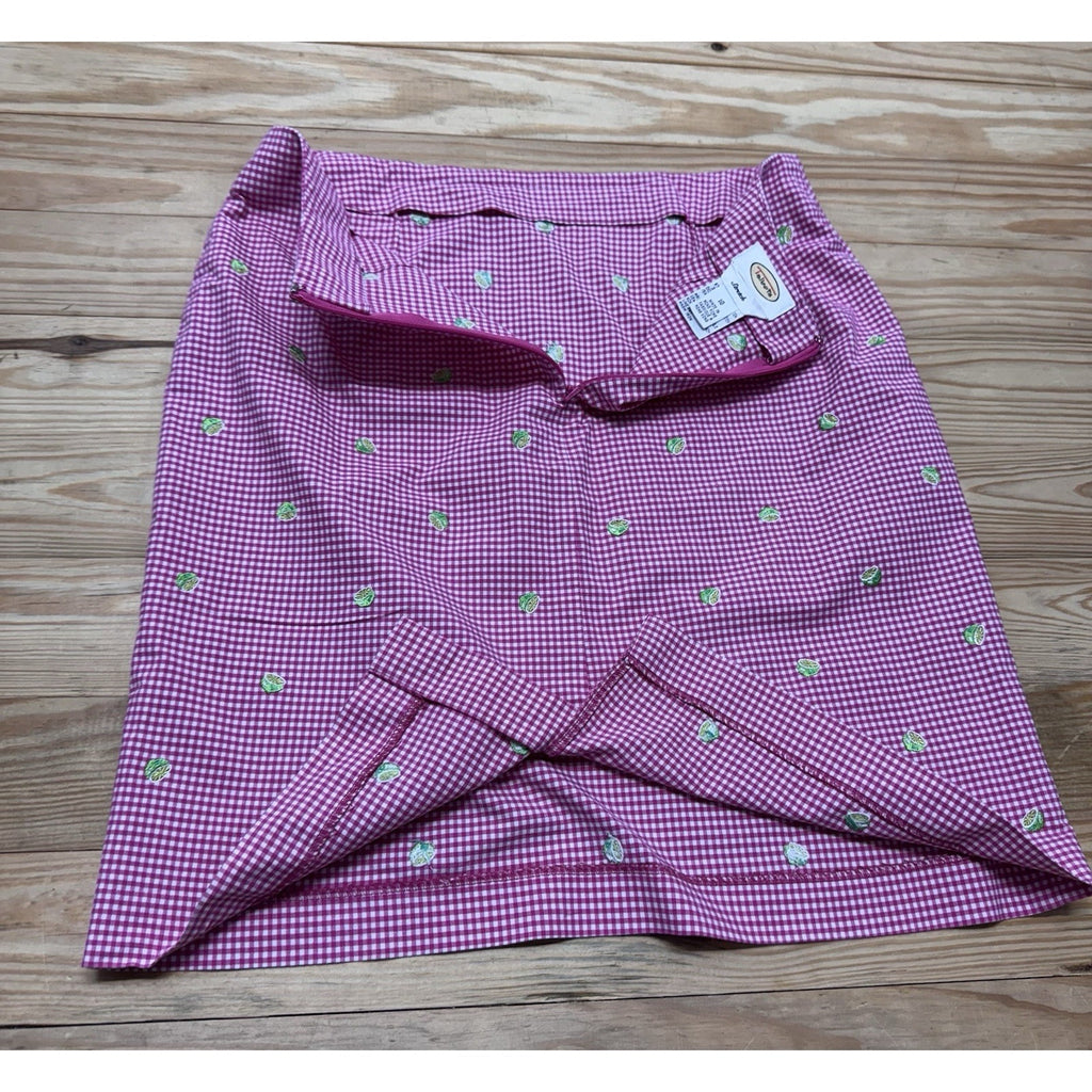 Talbots Skirt Pink Gingham Check Embroidered Green Lime Lined Cotton Women’s 10