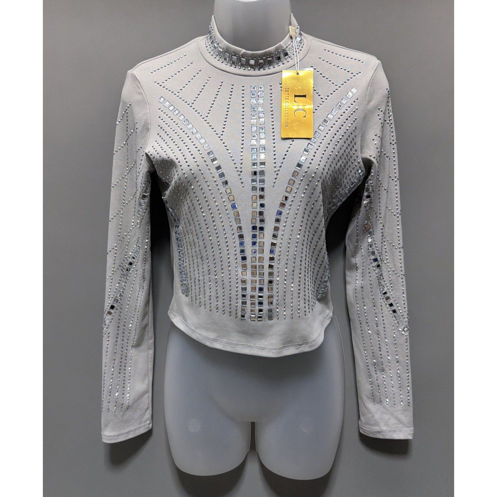 NWT LC Lizette Collection Gray Rhinestone Studded Crop Top Shirt Medium