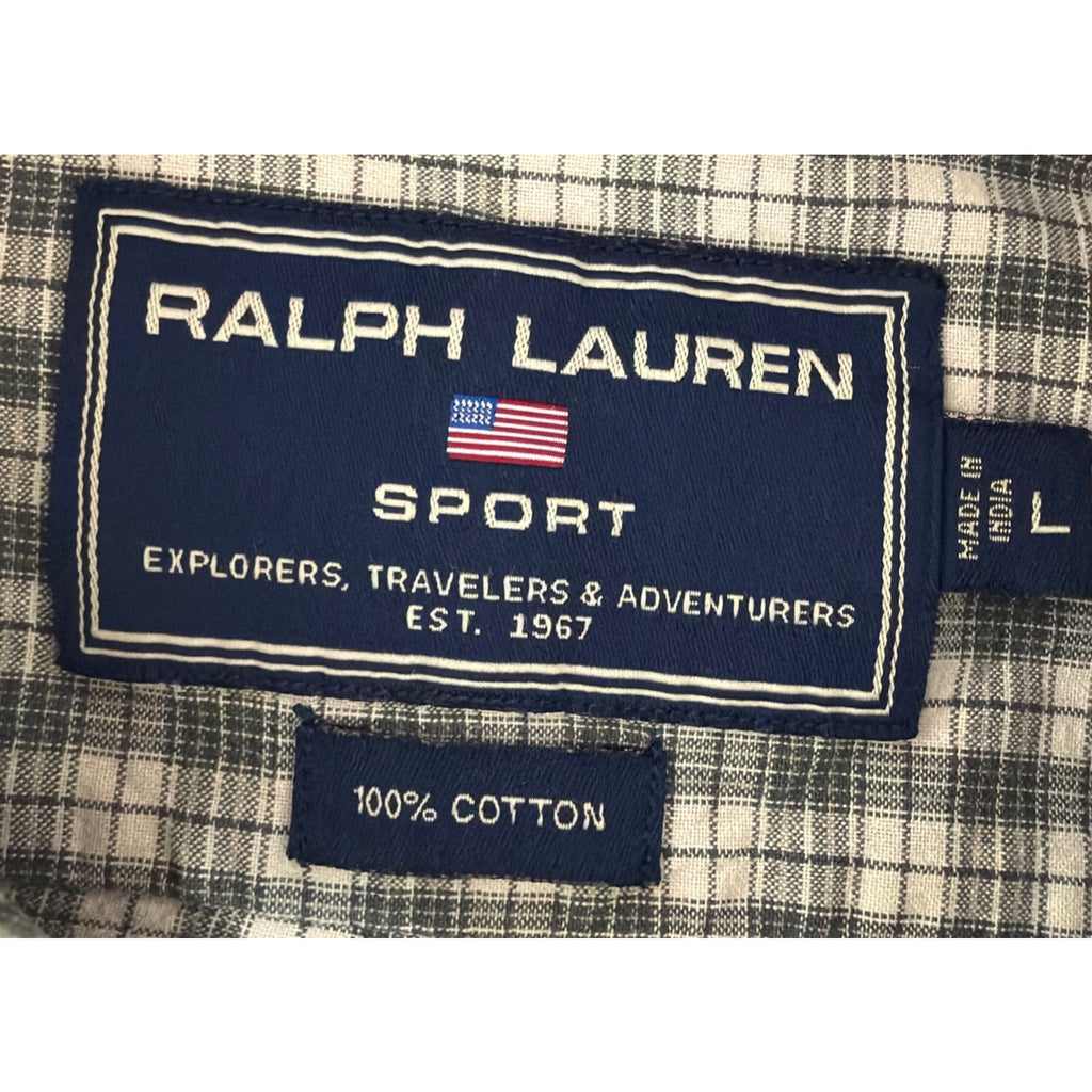 Ralph Lauren Sport Shirt Mens Large Green Plaid Button Down Short Sleeve Vintage