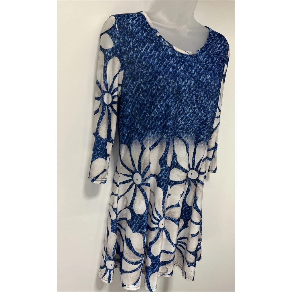 Simply Aster Dress Womens Medium Blue Ombre Floral Print 3/4 Sleeve Sheath BOHO