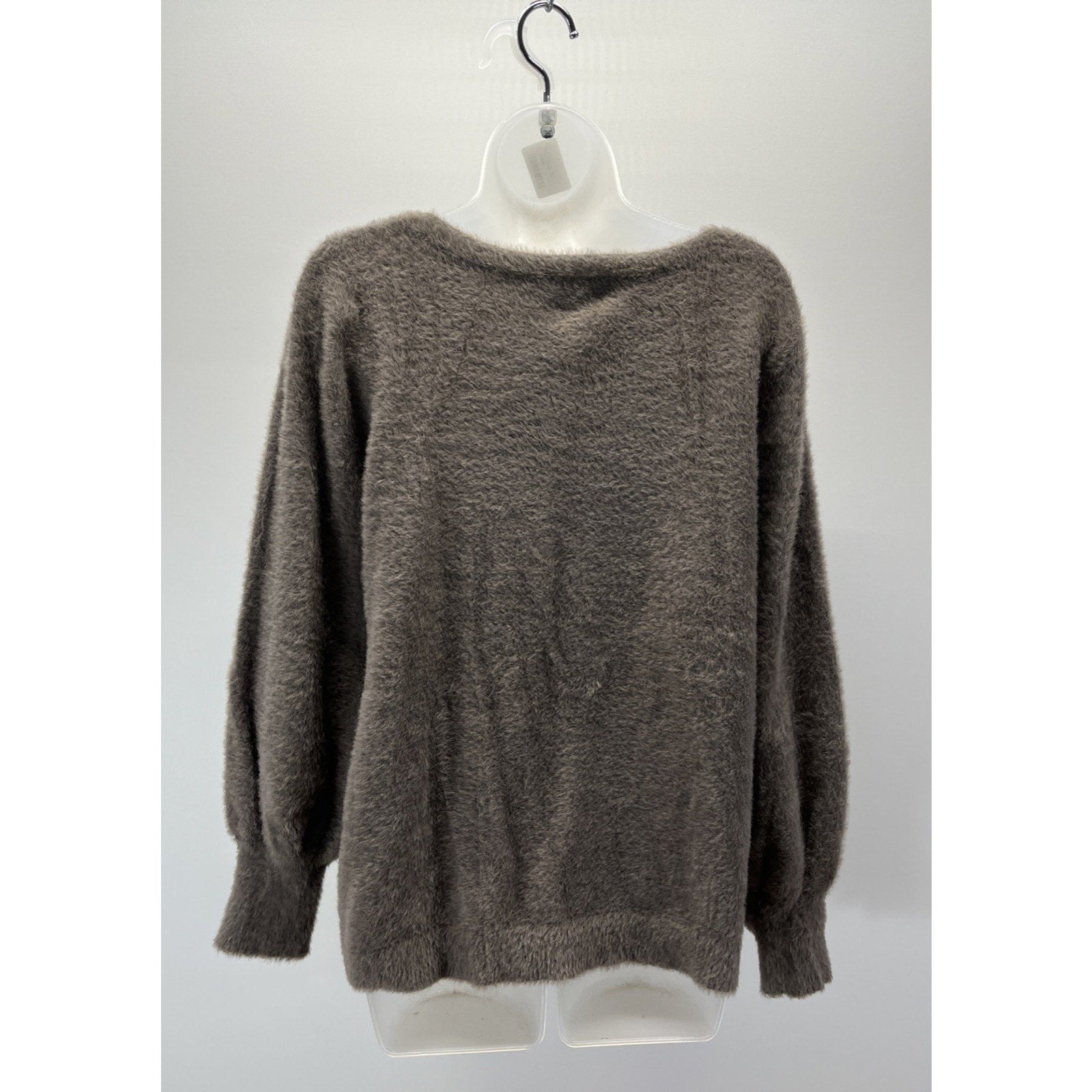 Chicos 1 Sz M Round Neck Soft Fuzzy Puff Sleeve Sweater Taupe