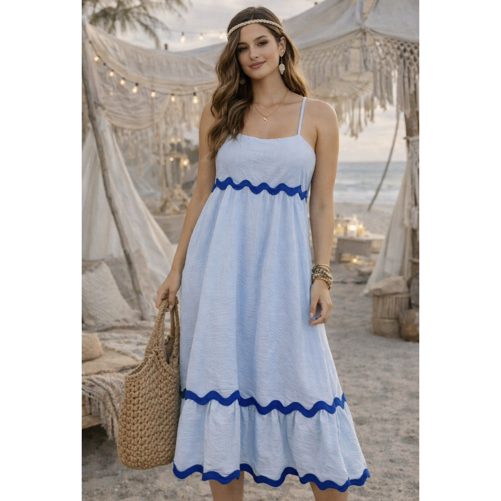 Womens Light Blue Boho Midi Dress S Spaghetti Strap Ruffle Hem Summer Beach New