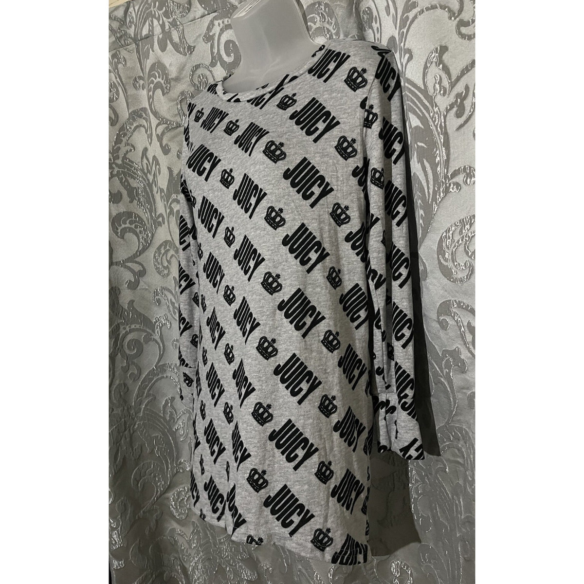NWT Juicy Couture Shirt Women M Gray Crown Logo All Over Long Sleeve Pullover
