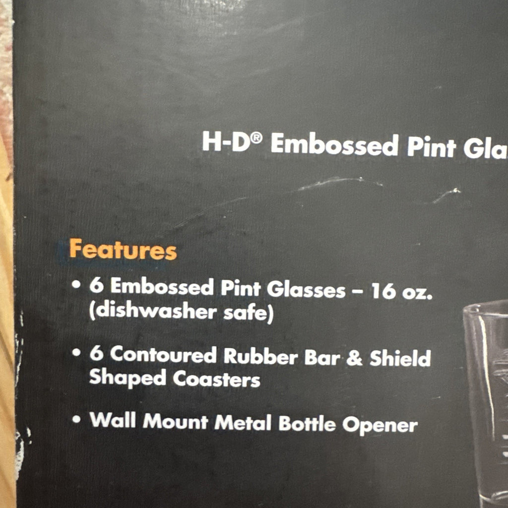 Harley Davidson Embossed Pint Glass Gift Set 6 Glasses Coasters Wall Opener NIB