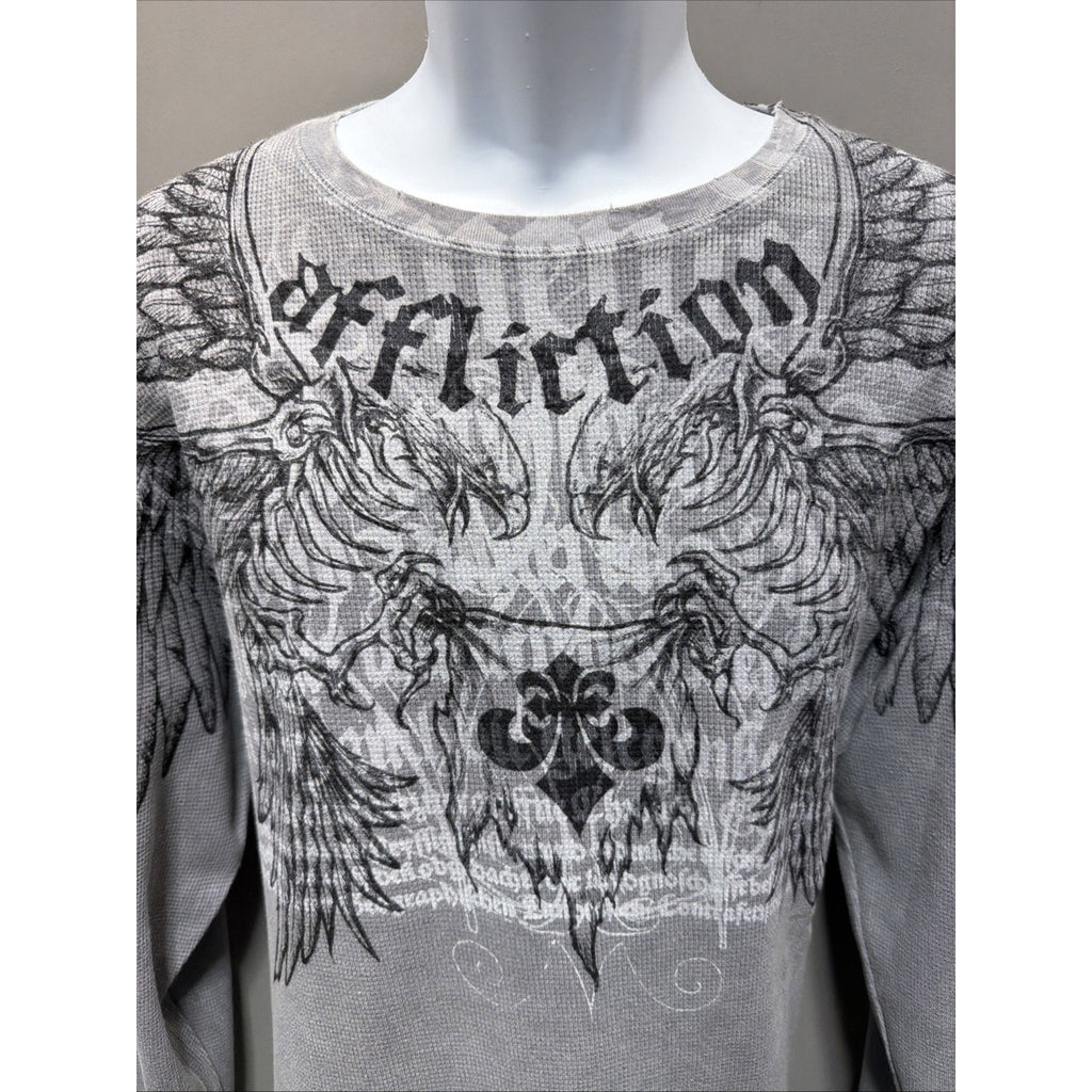 Affliction Y2K Men's Eagle Wings Flag Gray Long Sleeve Thermal Shirt XL