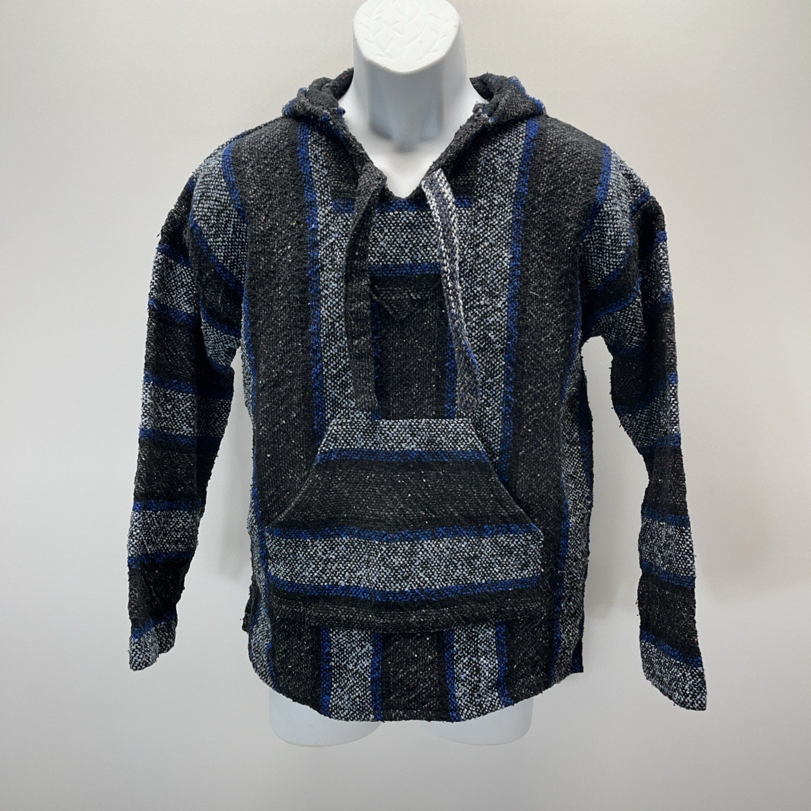 Earthbound Trading Co. Blue Black White Striped Drug Rug Hoodie Size S