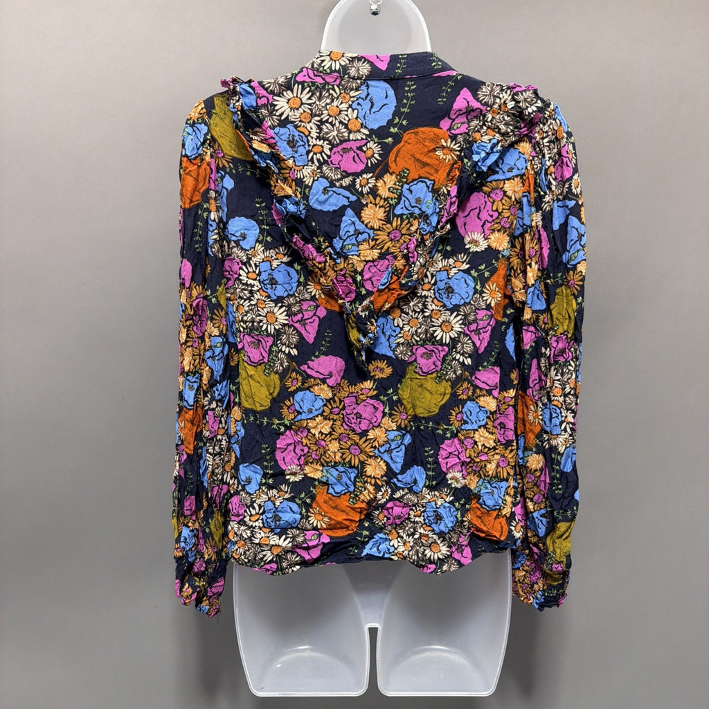 FRNCH Paris Blue Floral Size M Women's Top Button Up Long Sleeve Blouse
