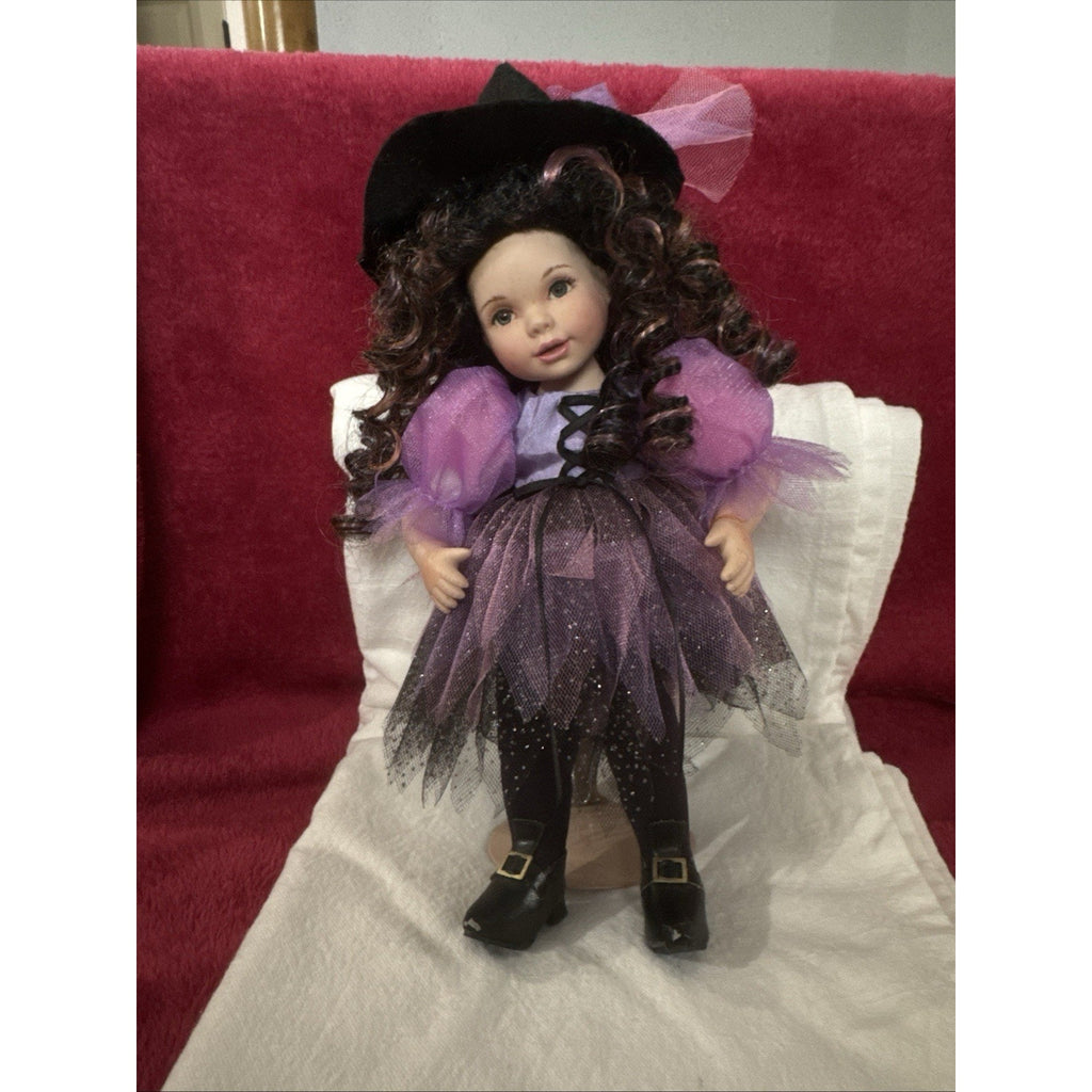 2007 Artist Signed 11” Witch Doll Purple Black Dress Curly Hair Halloween