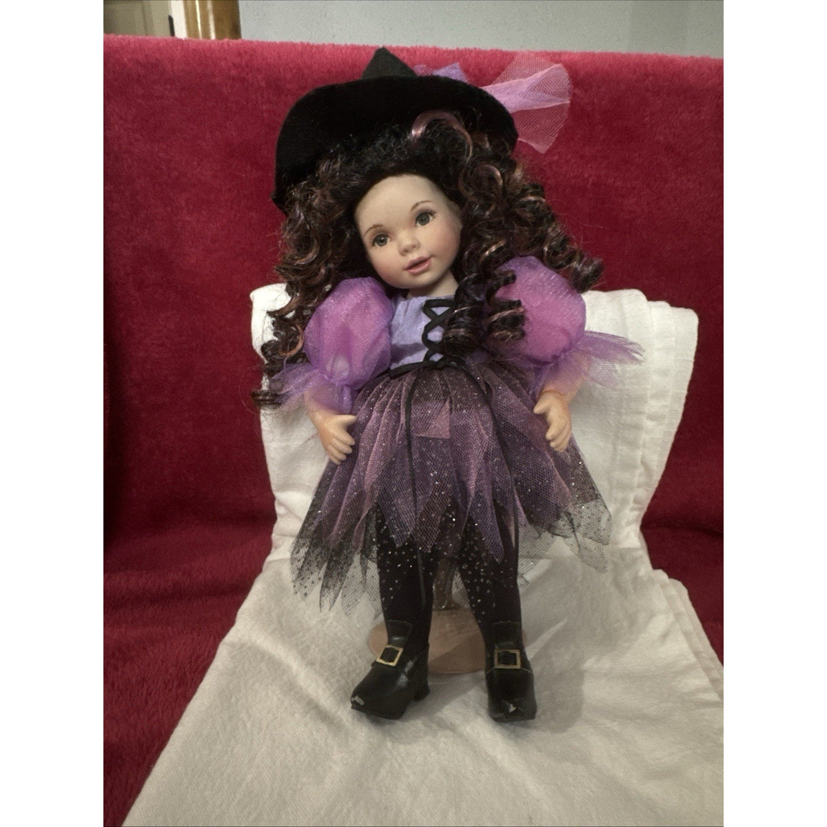 2007 Artist Signed 11” Witch Doll Purple Black Dress Curly Hair Halloween
