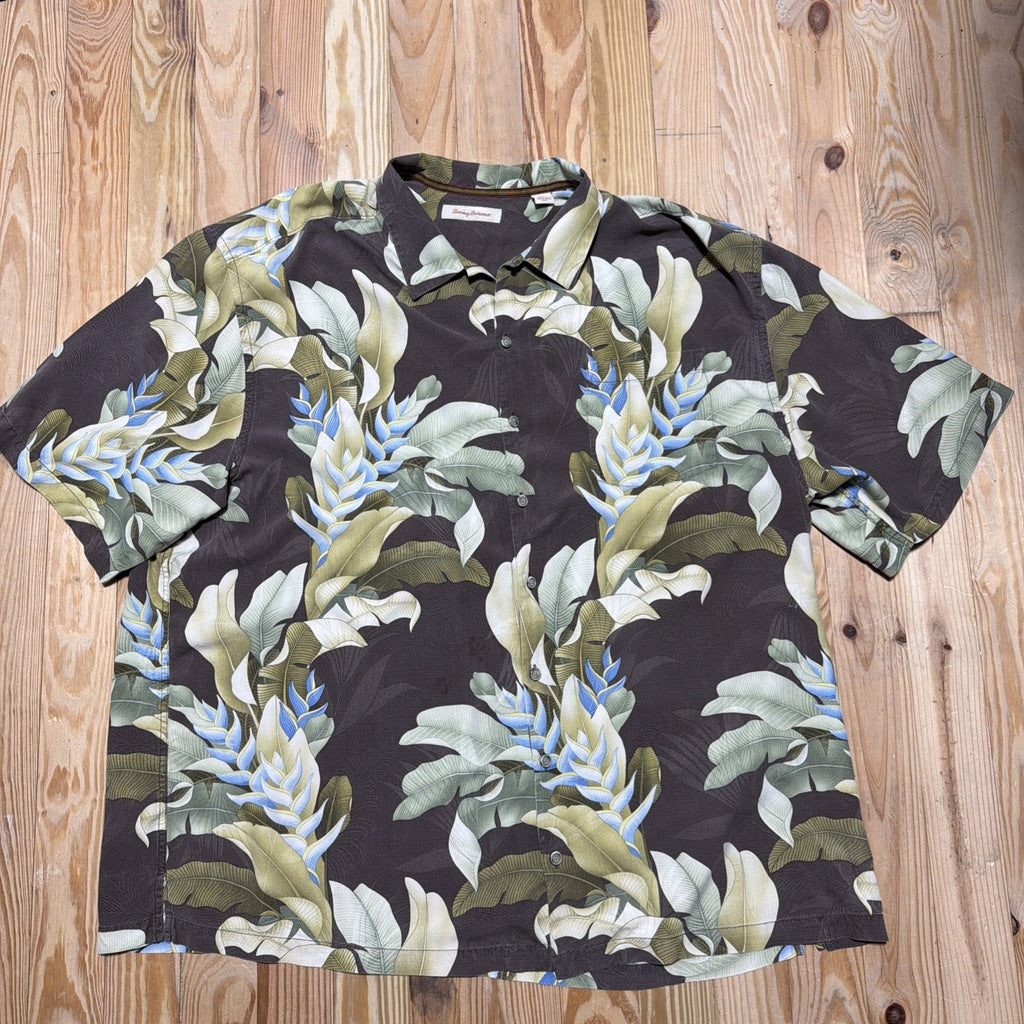 Tommy Bahama Silk Hawaiian Embroidered Camp Shirt Brown Hibiscus Floral 4X Tall