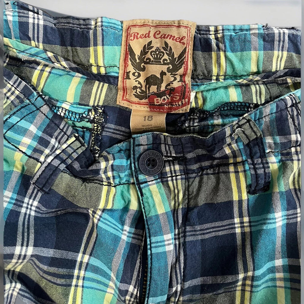 Red Camel Boys Shorts Size 18 Blue Yellow Green Plaid Flat Front Button Cargo